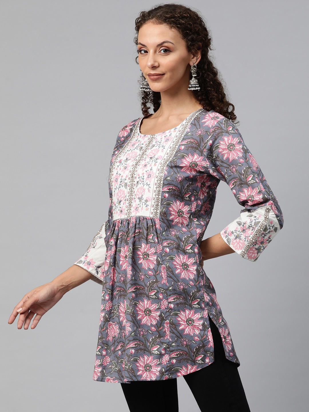 Frock Style Cotton Fabric Blue Color Printed Short Kurti With Thread & Zari Work