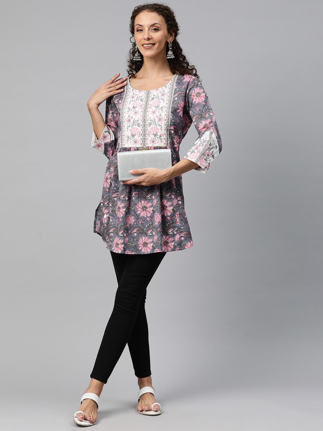 Frock Style Cotton Fabric Blue Color Printed Short Kurti With Thread & Zari Work