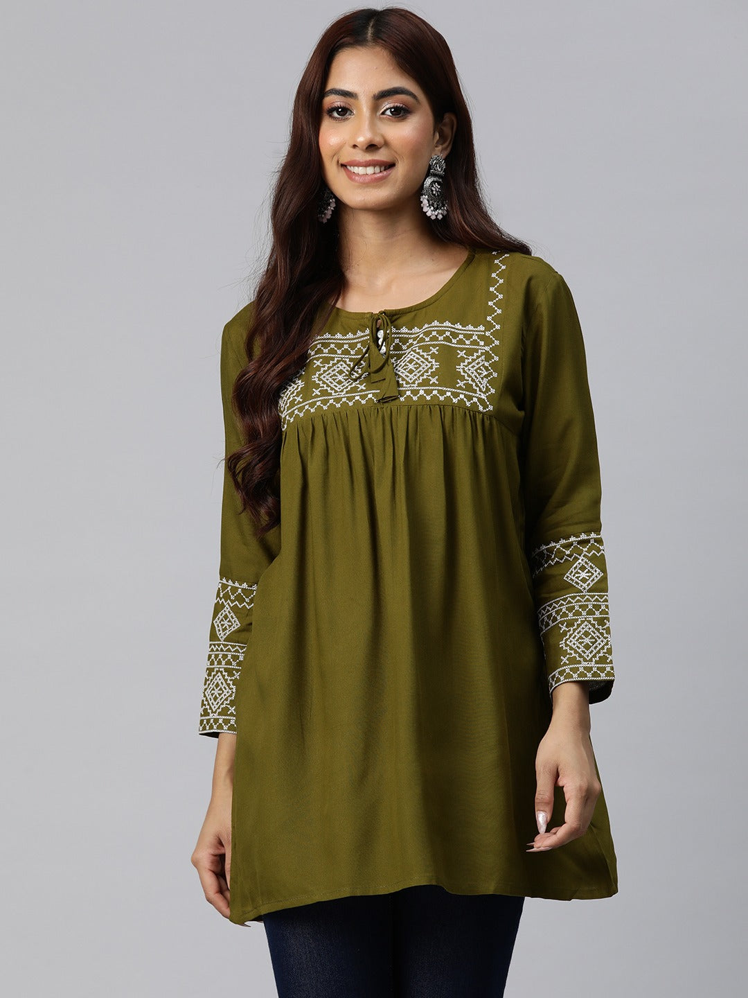 Peplum Style Rayon Fabric Green Color Geometric Embroidered Kurti
