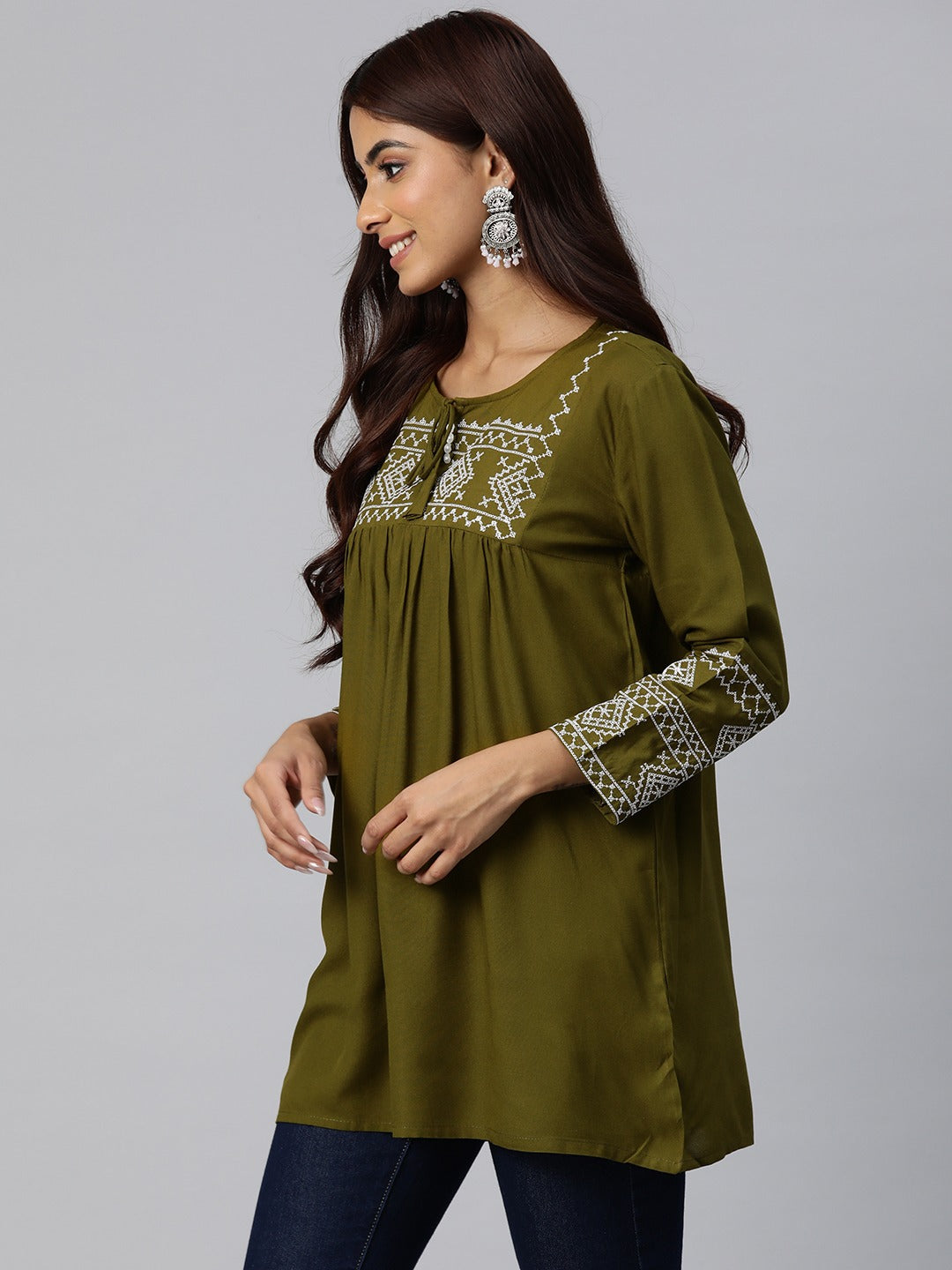 Peplum Style Rayon Fabric Green Color Geometric Embroidered Kurti
