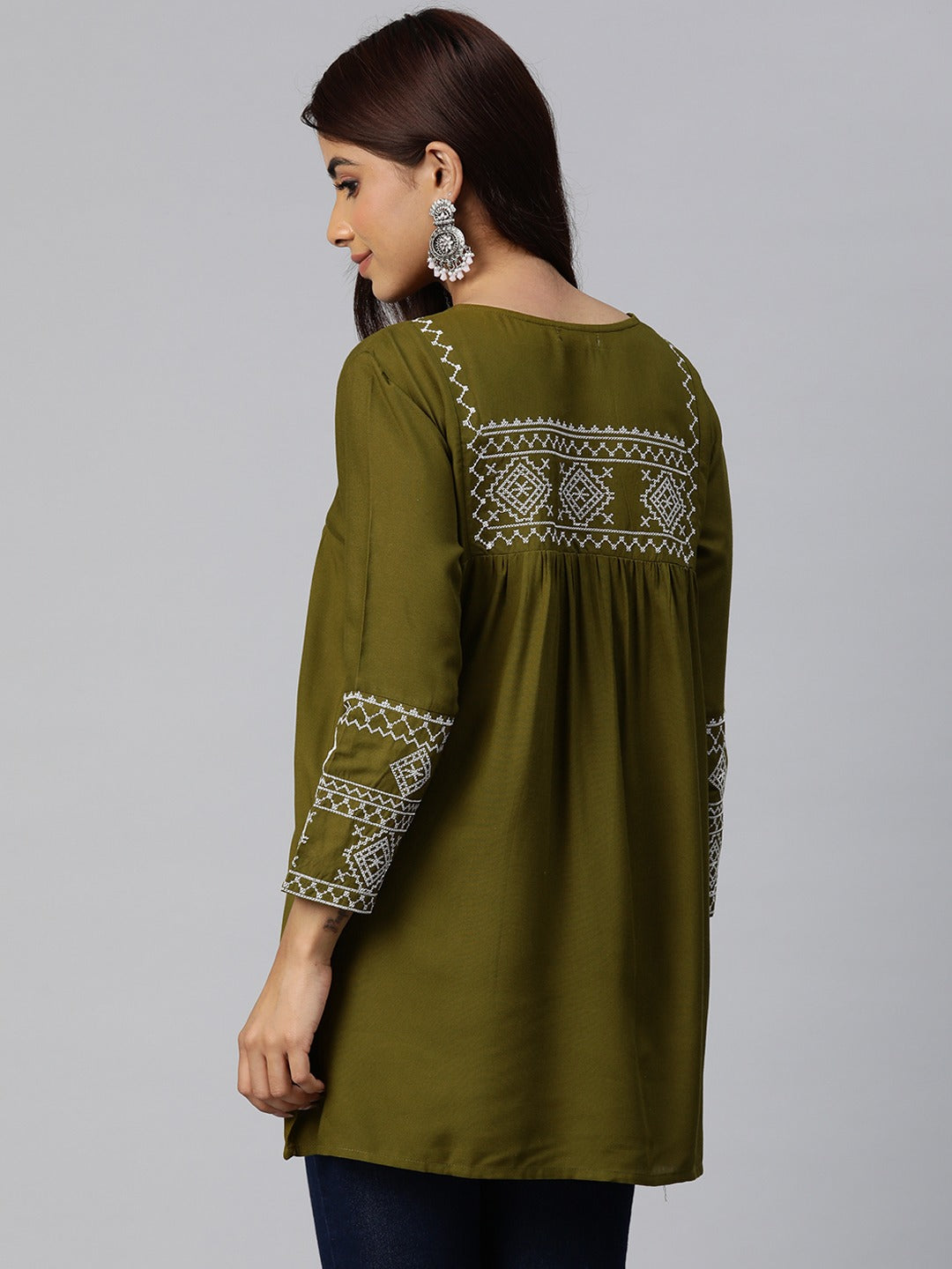 Peplum Style Rayon Fabric Green Color Geometric Embroidered Kurti