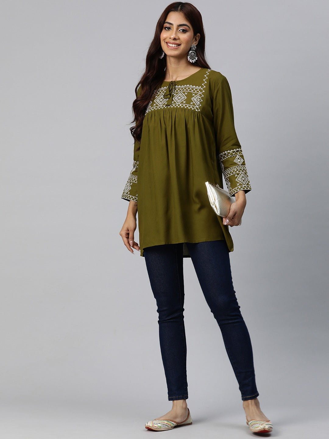 Peplum Style Rayon Fabric Green Color Geometric Embroidered Kurti