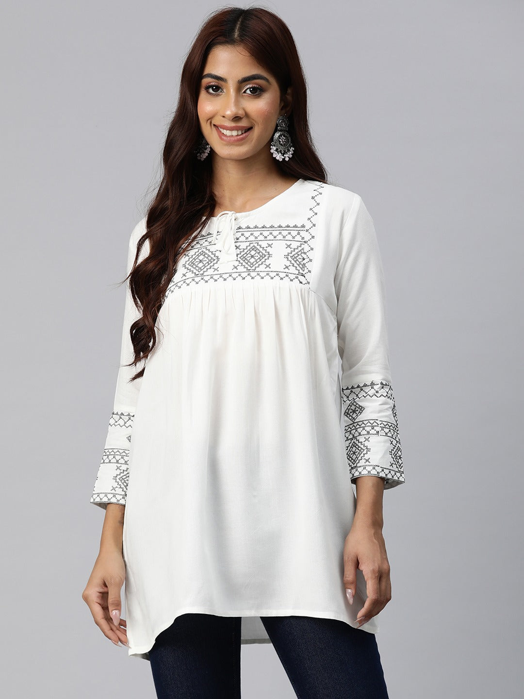 Peplum Style Rayon Fabric White Color Geometric Embroidered Kurti