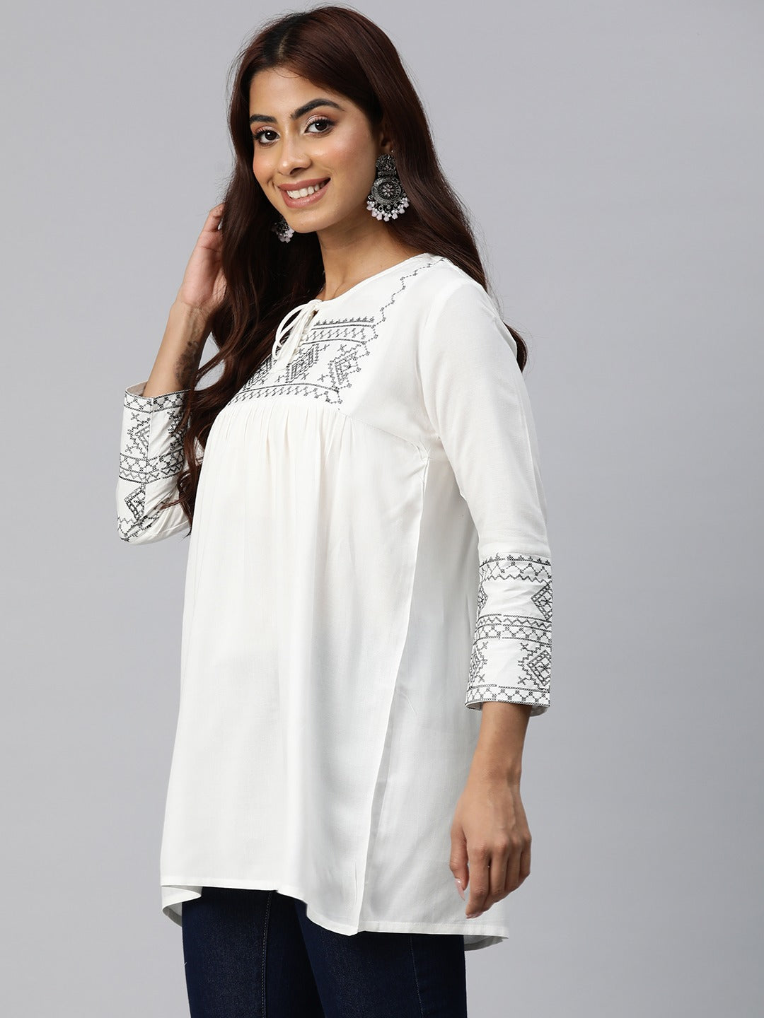 Peplum Style Rayon Fabric White Color Geometric Embroidered Kurti