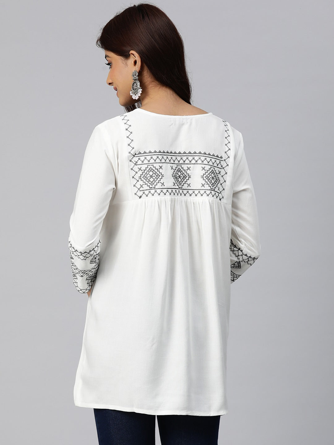 Peplum Style Rayon Fabric White Color Geometric Embroidered Kurti