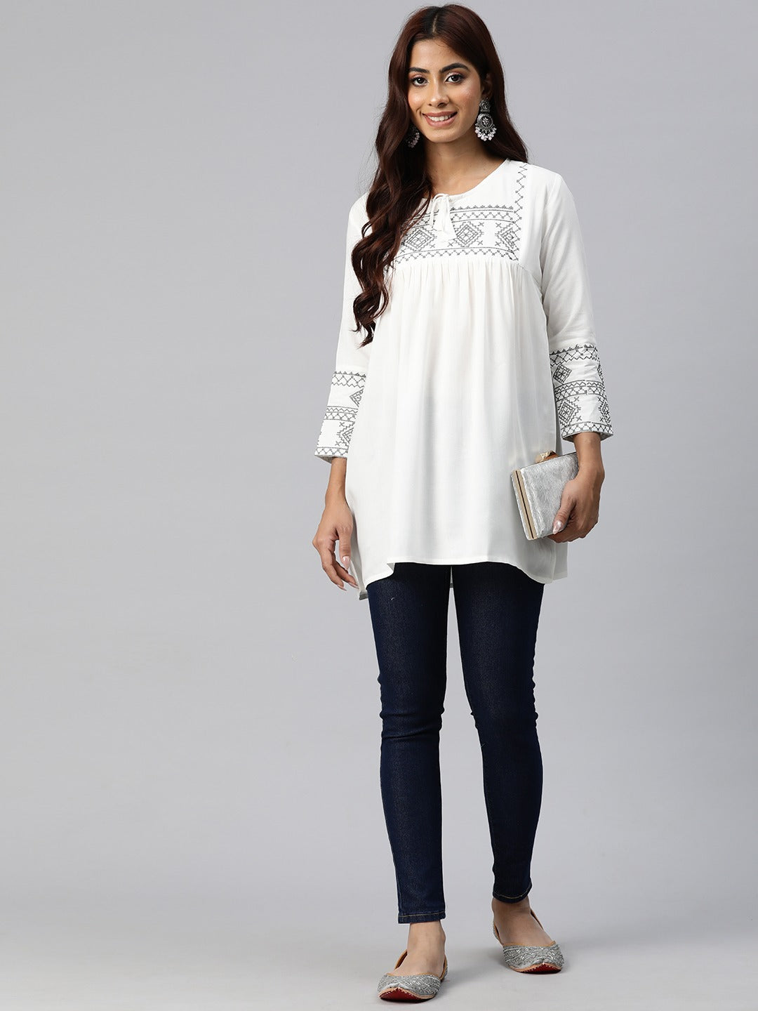 Peplum Style Rayon Fabric White Color Geometric Embroidered Kurti