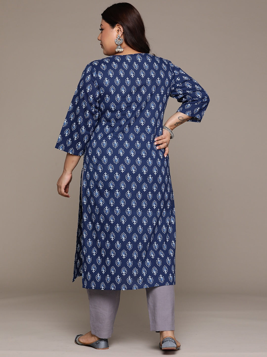 Plus Size Straight style Cotton fabric Navy Blue color kurta