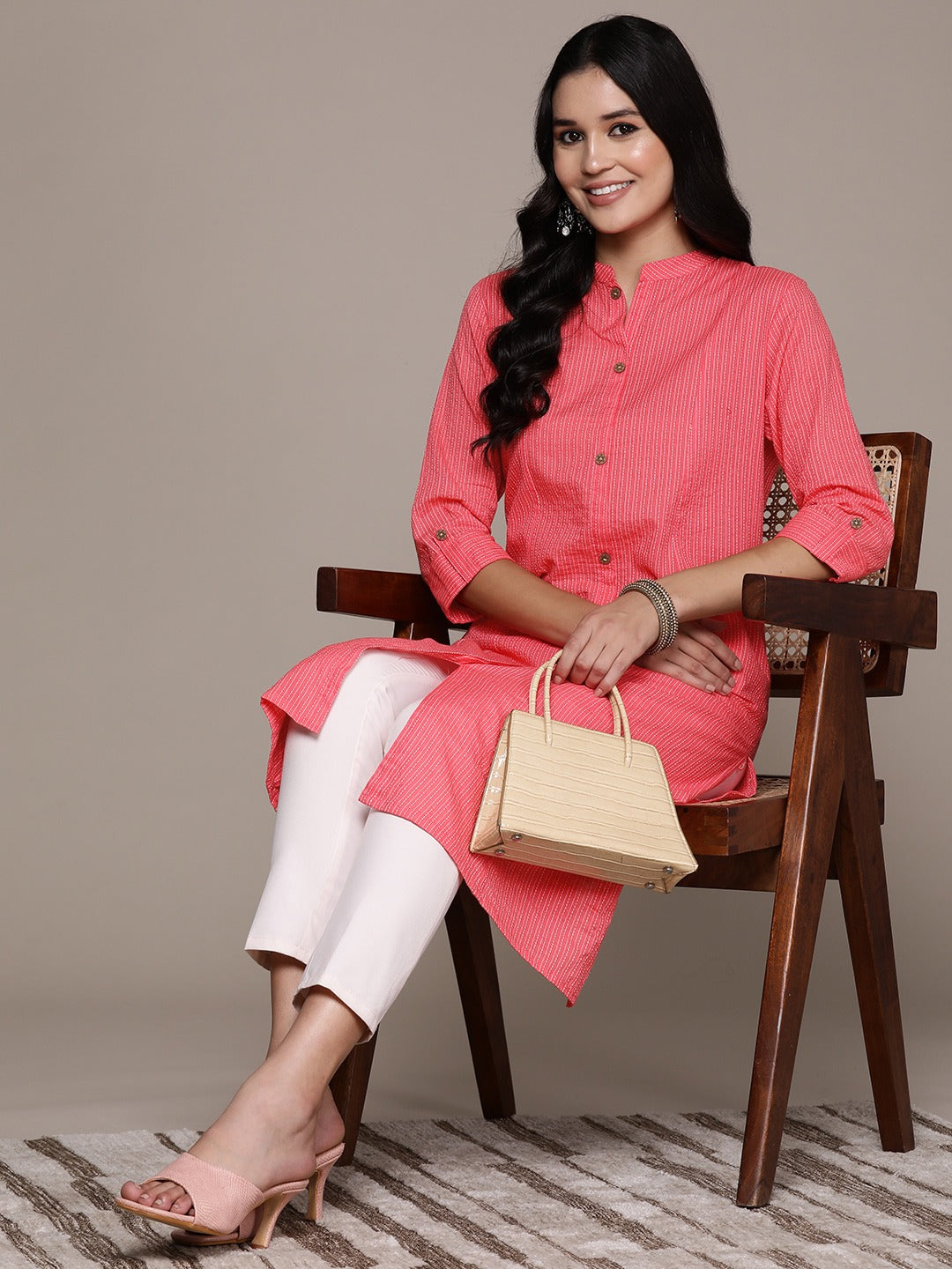 A Line Style Cotton Fabric Pink Color Kurta