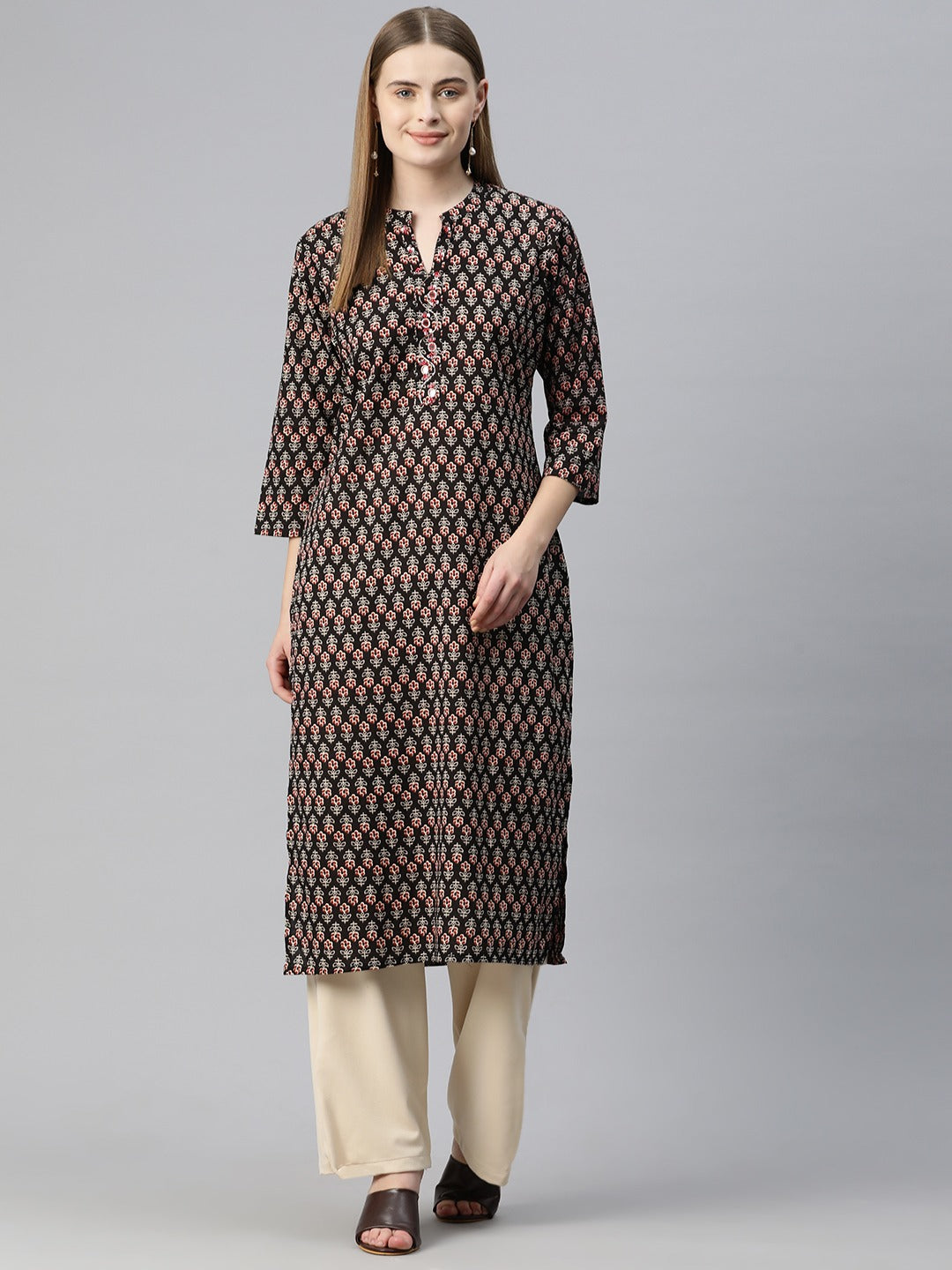 Straight Style Cotton Fabric Black Color Kurti With Mirror & Floral Printed Work