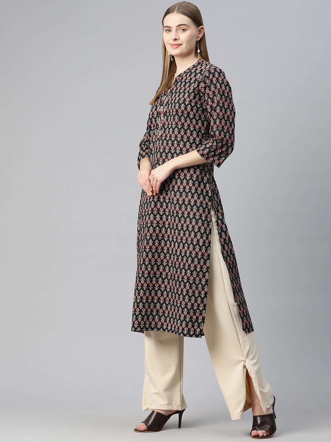 Straight Style Cotton Fabric Black Color Kurti With Mirror & Floral Printed Work