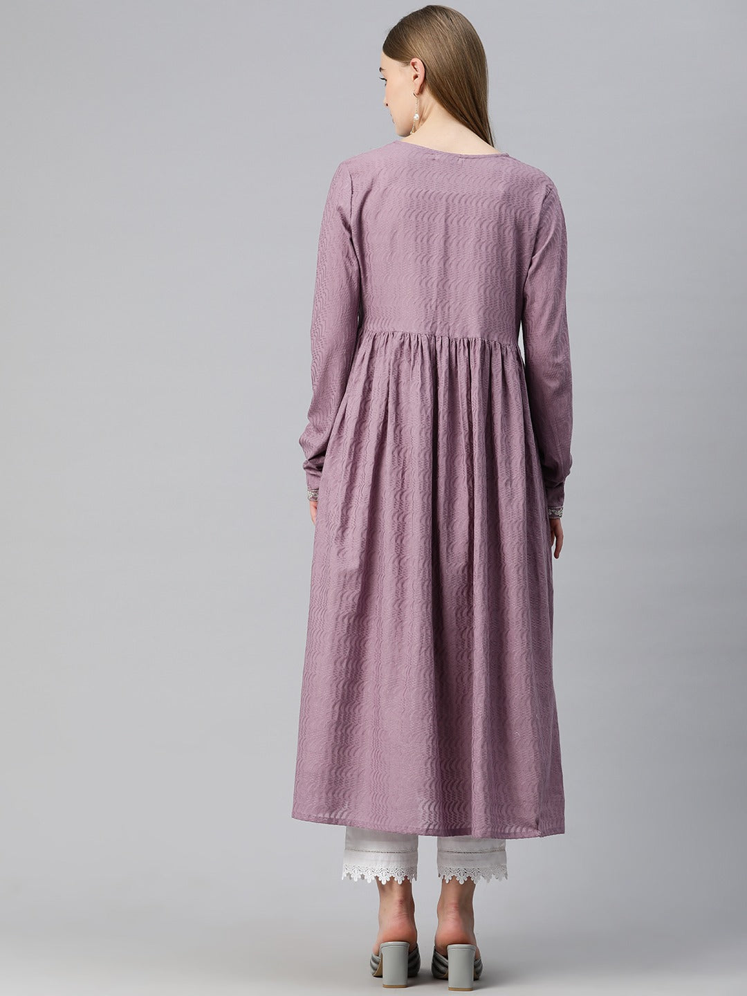 Anarkali Style Kurti Cotton Fabric & Mauve Color Shrug With Embroidered Work