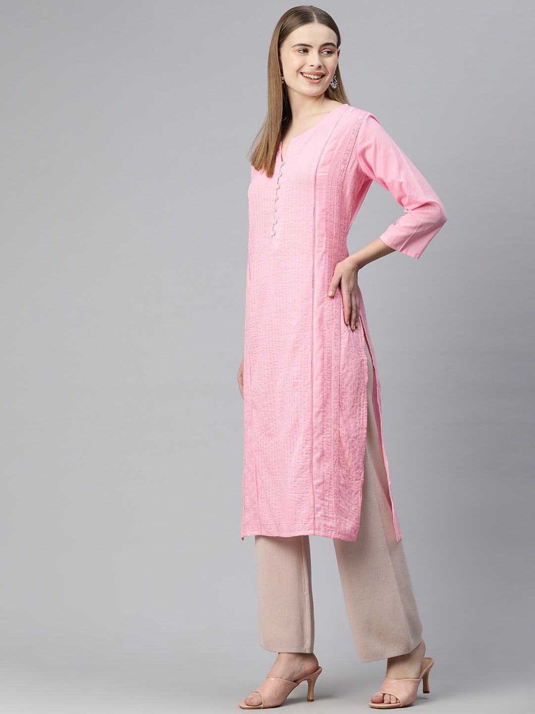Straight Style Cotton Fabric Pink Color Kurti With Lace Work