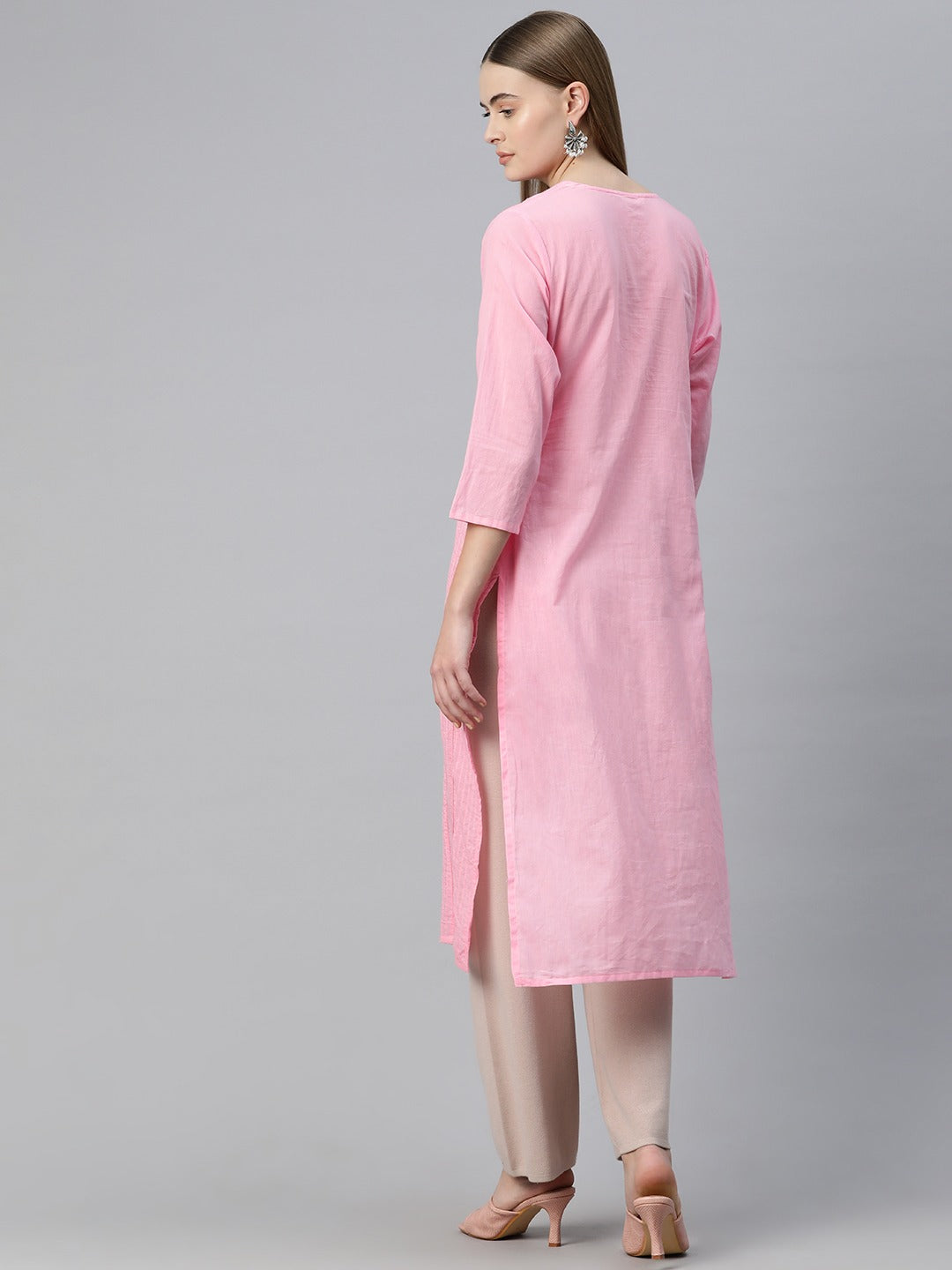 Straight Style Cotton Fabric Pink Color Kurti With Lace Work