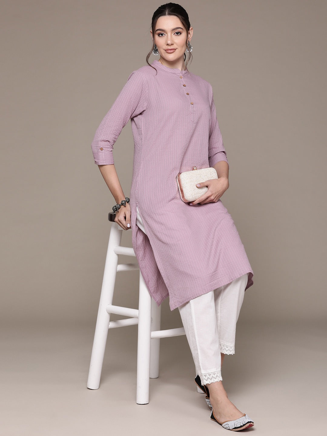 Aline Style Cotton Fabric Mauve Color Kurta With Weaved Work