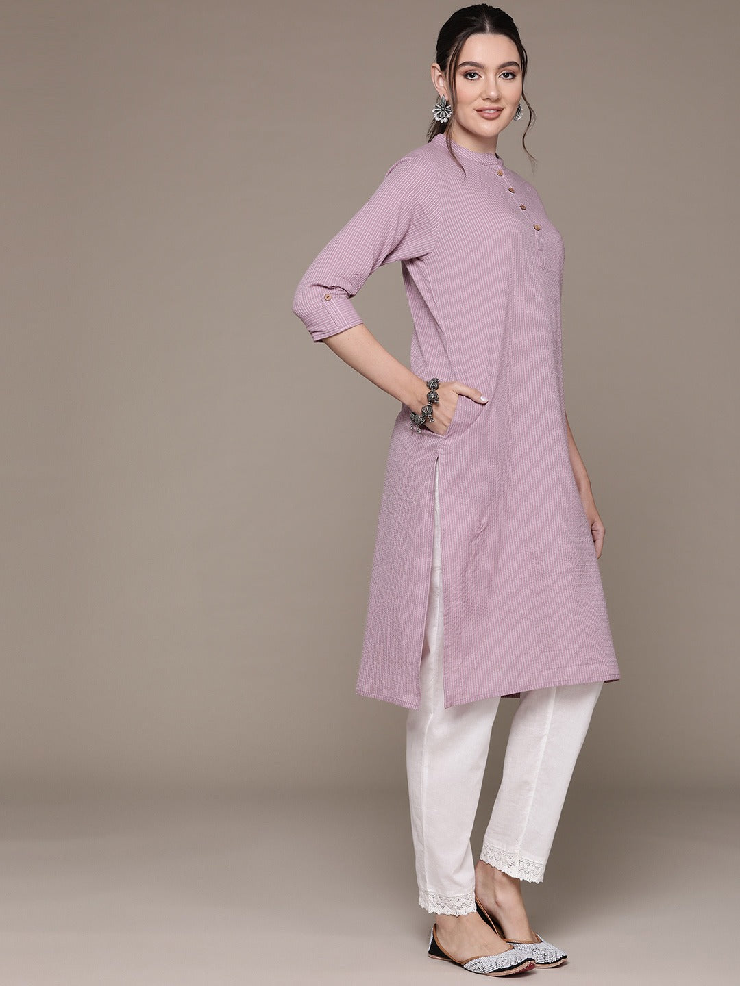 Aline Style Cotton Fabric Mauve Color Kurta With Weaved Work