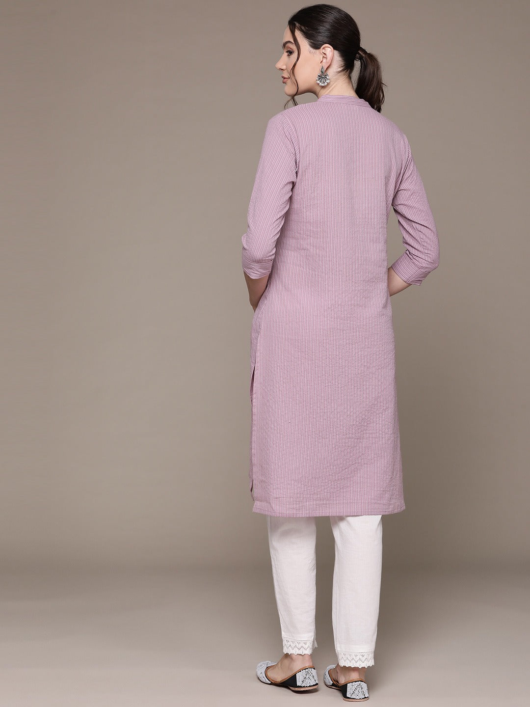 Aline Style Cotton Fabric Mauve Color Kurta With Weaved Work