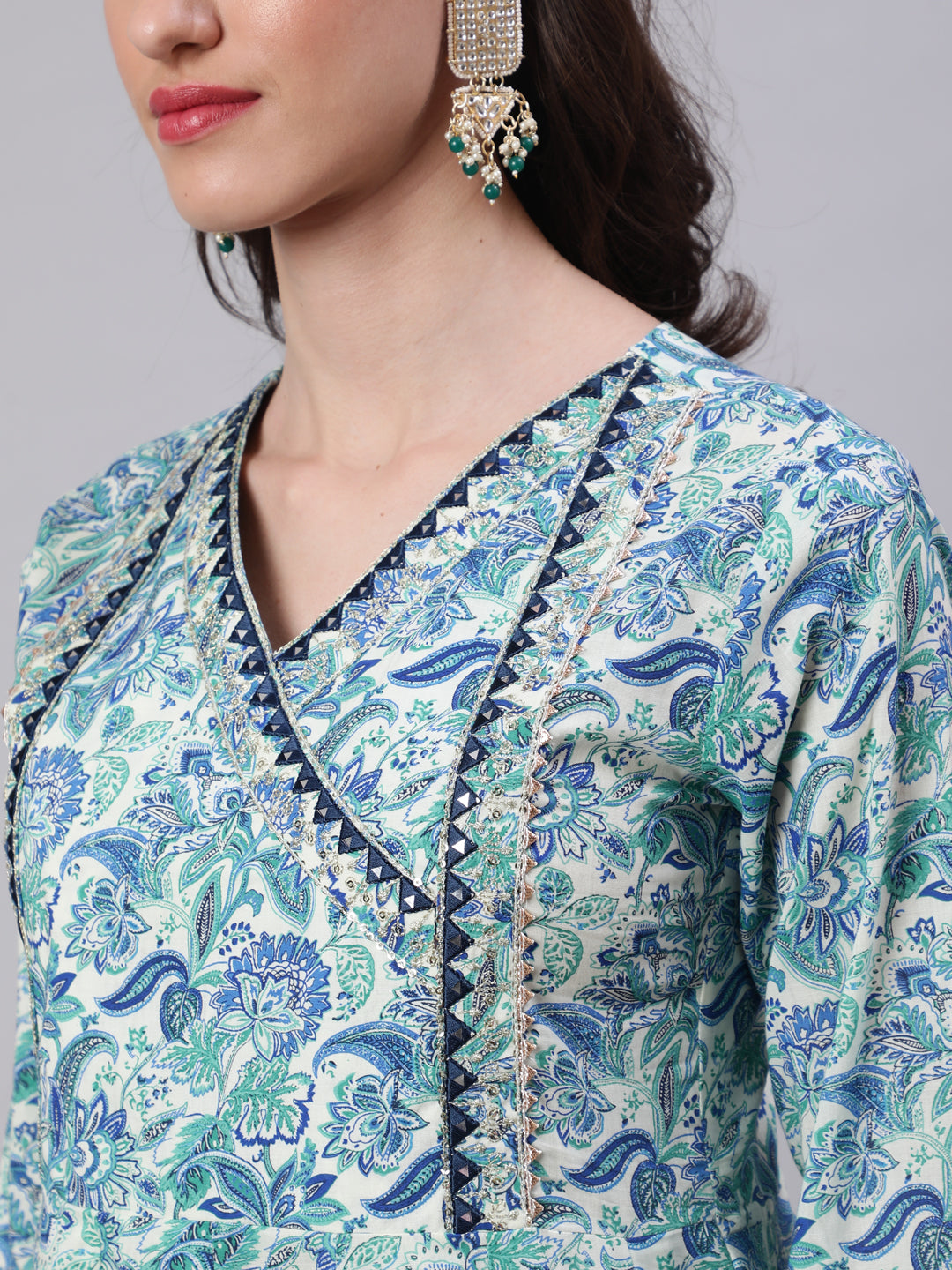 Cotton Calf Length Printed Semi-Flared 3/4 Sleeves V-Neck Kurta Bottom Dupatta Set