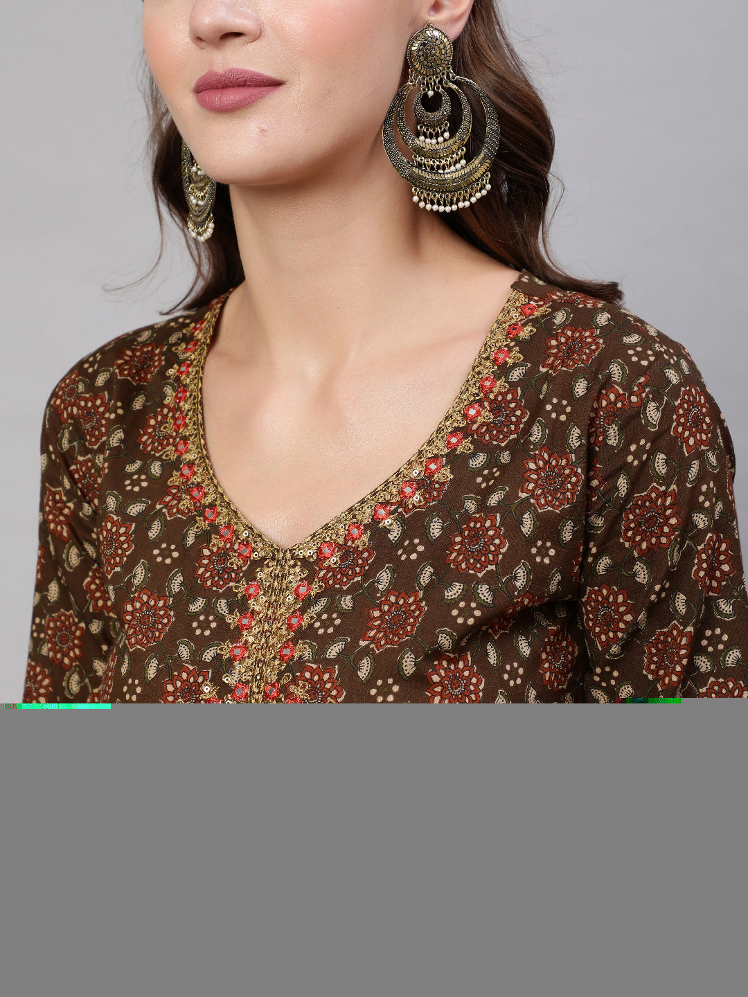 Cotton Calf Length Printed & Embroidery Semi-Flared 3/4 Sleeves V Neck Kurta Bottom Dupatta Set