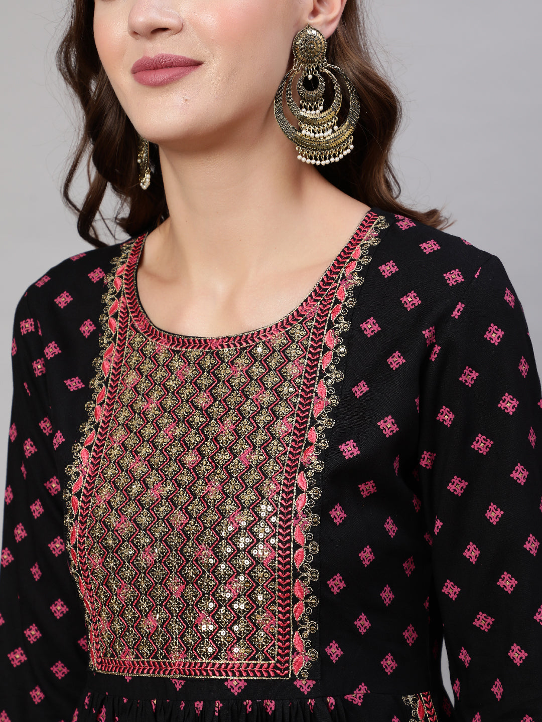 Rayon Sequence 3/4 Sleeve Flared Round Neck Calf Length Kurta Bottom Set