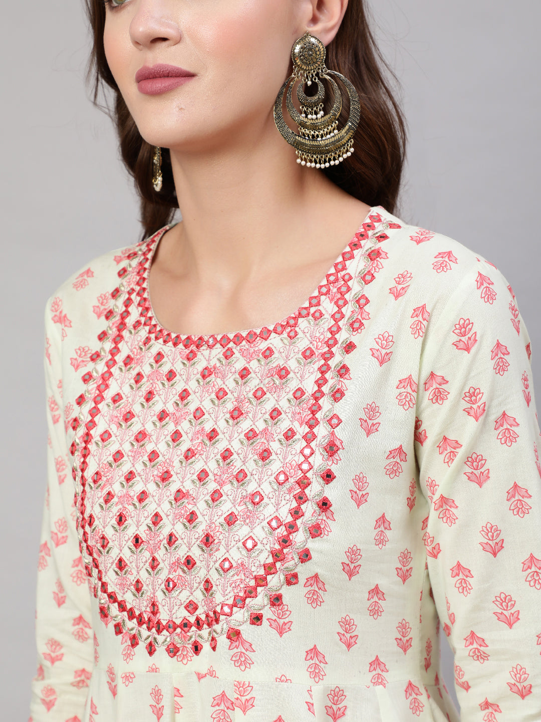 Rayon Ankle Length Flared 3/4 Sleeves Printed & Embroidery V Neck Kurta