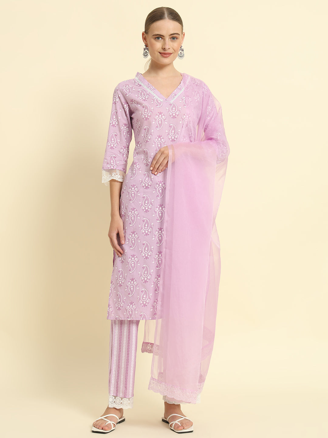 Cotton Printed Straight Kurta Palazzo Dupatta Set