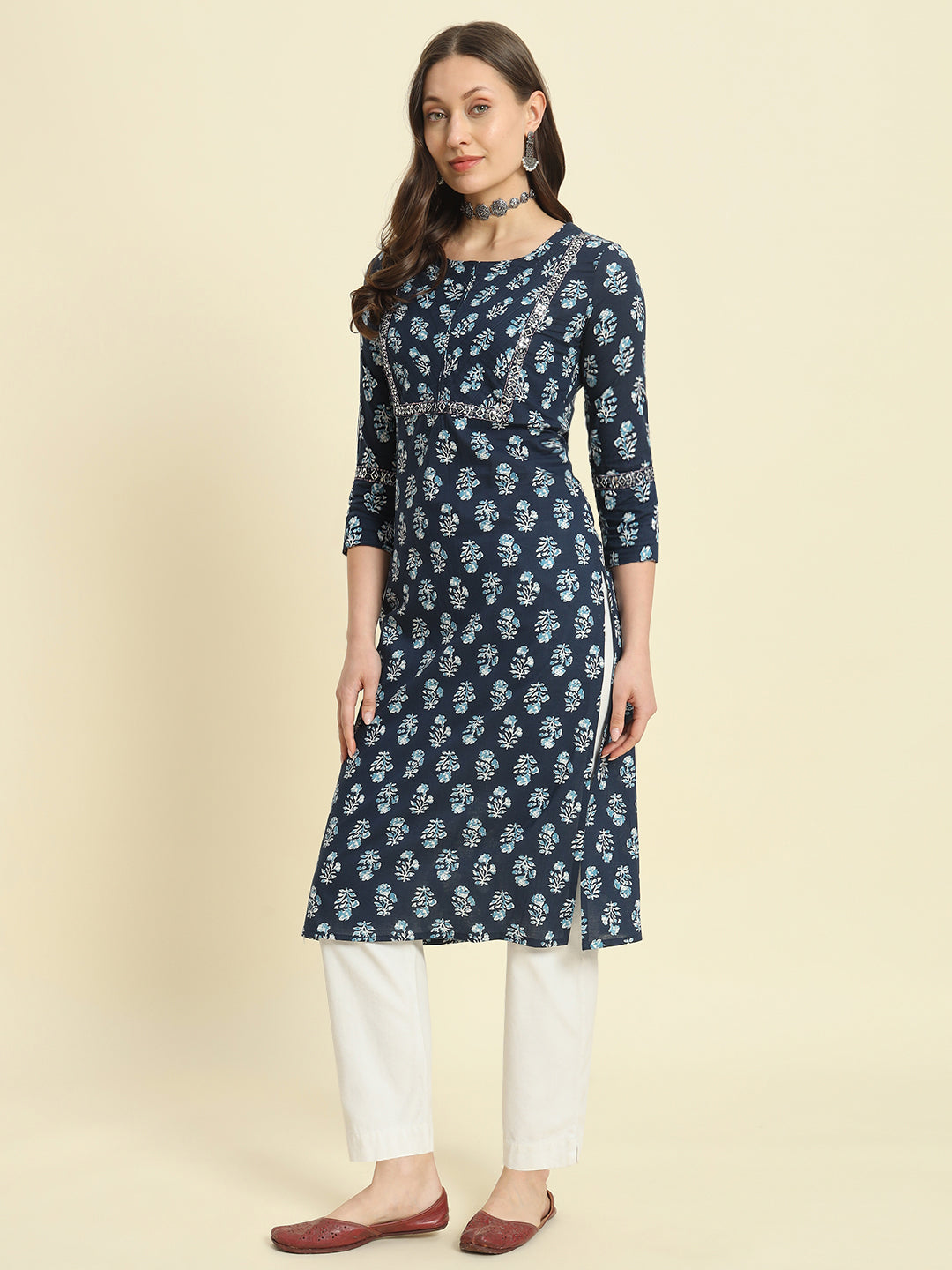 Cotton Printed & Embroidery Straight Kurta
