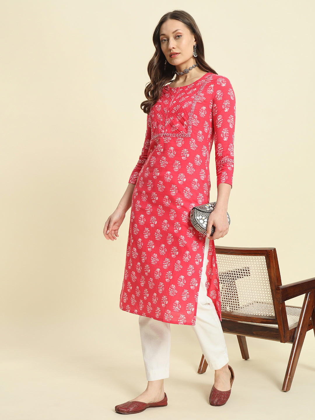 Cotton Printed & Embroidery Straight Kurta