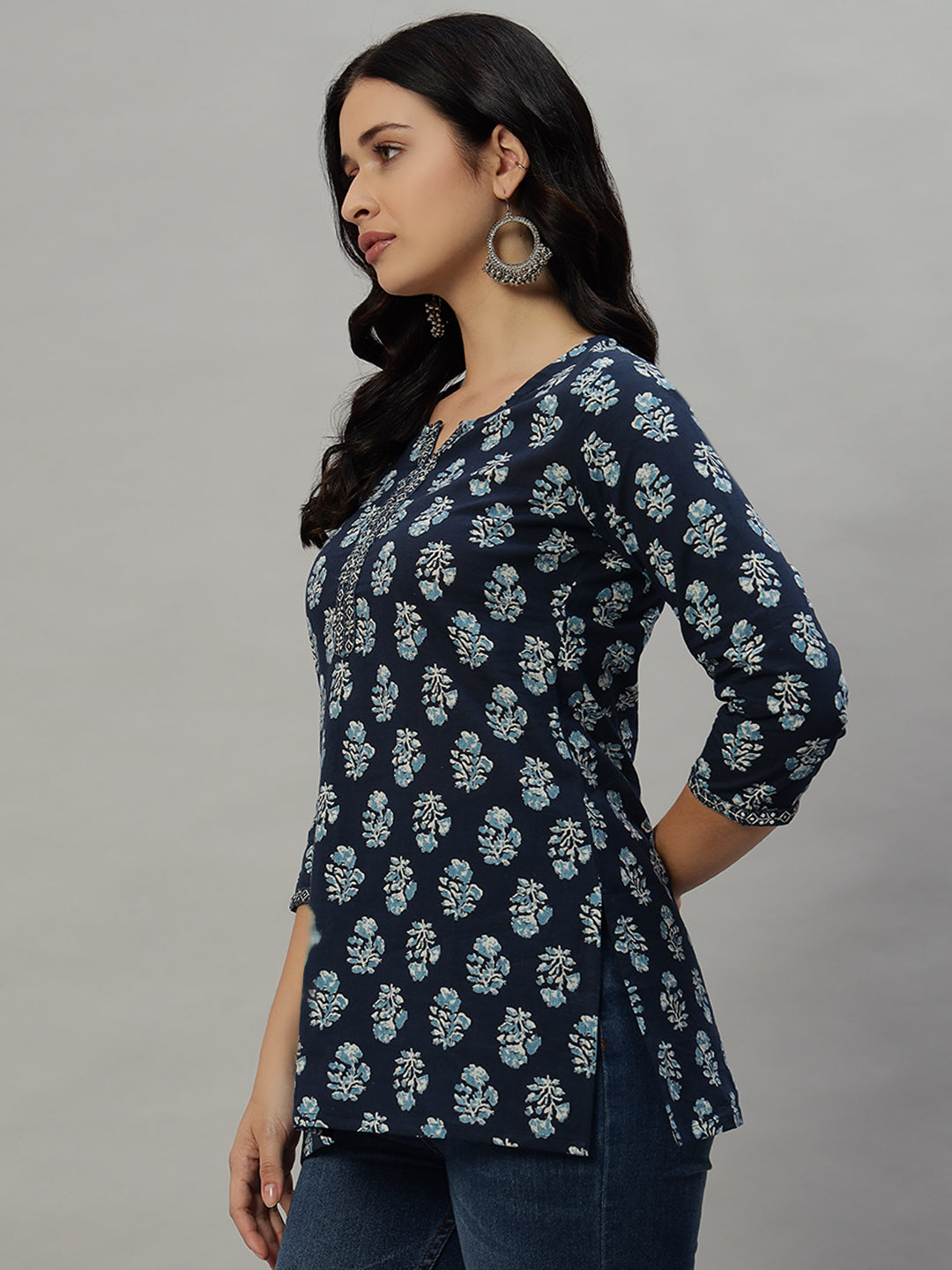 Cotton Straight Printed Blue Kurta Ethnic Wear