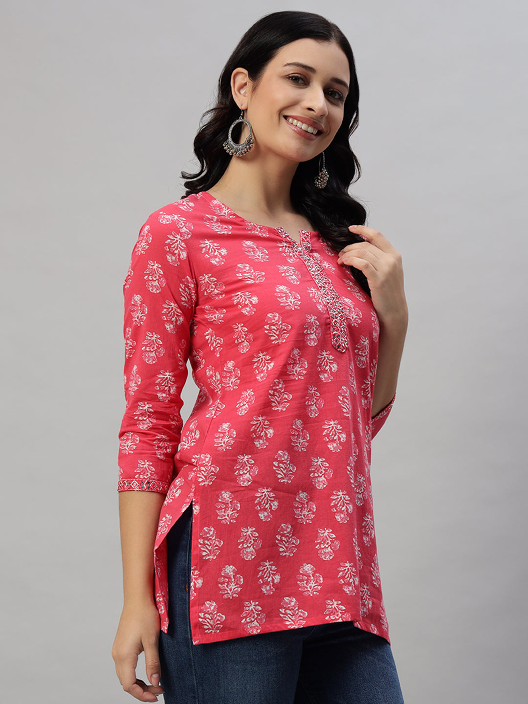 Cotton Straight Printed Red Tunic