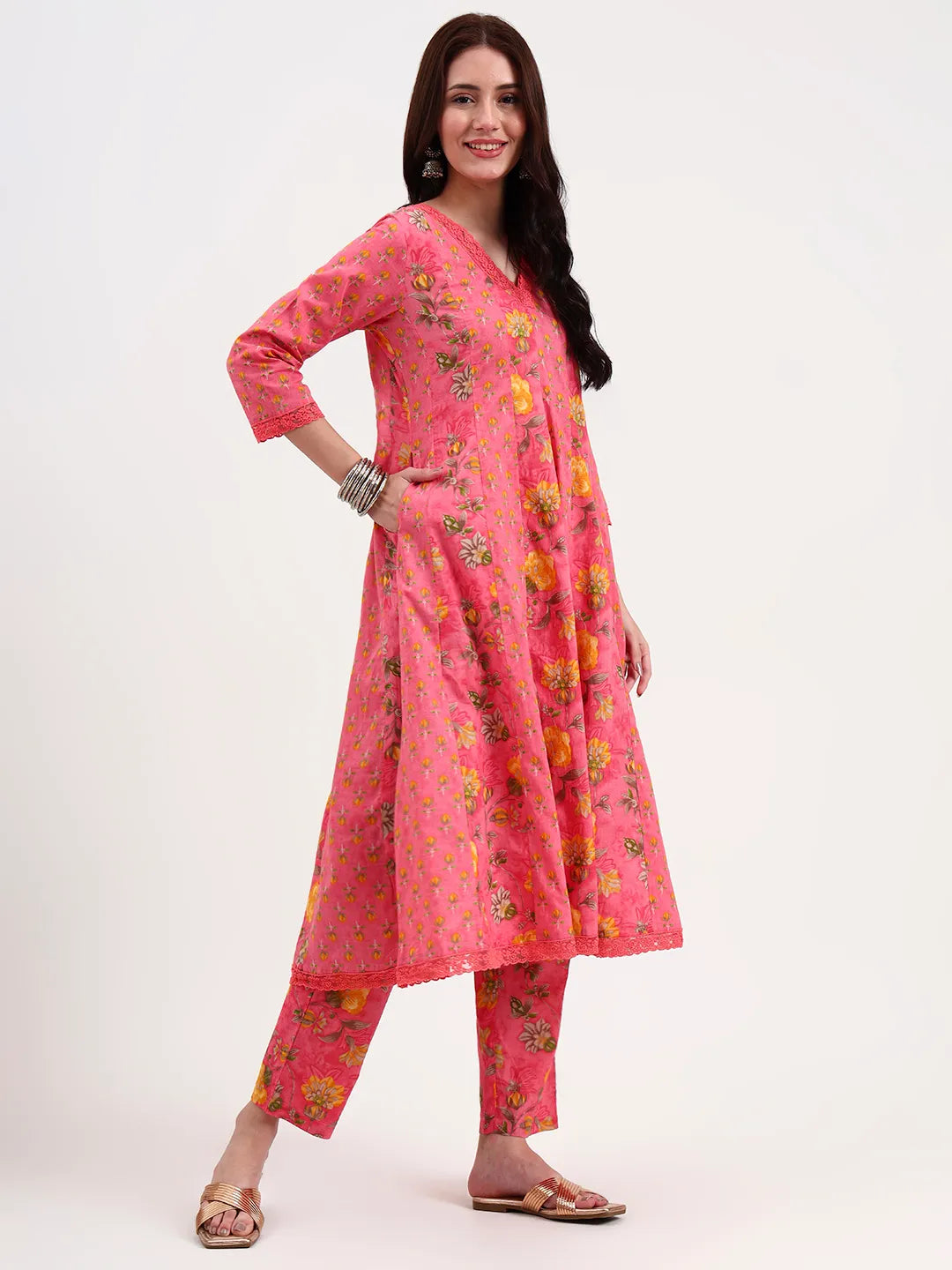 Pink Floral Print Cotton Anarkali Kurta Trouser Dupatta Set One Pocket Kurta
