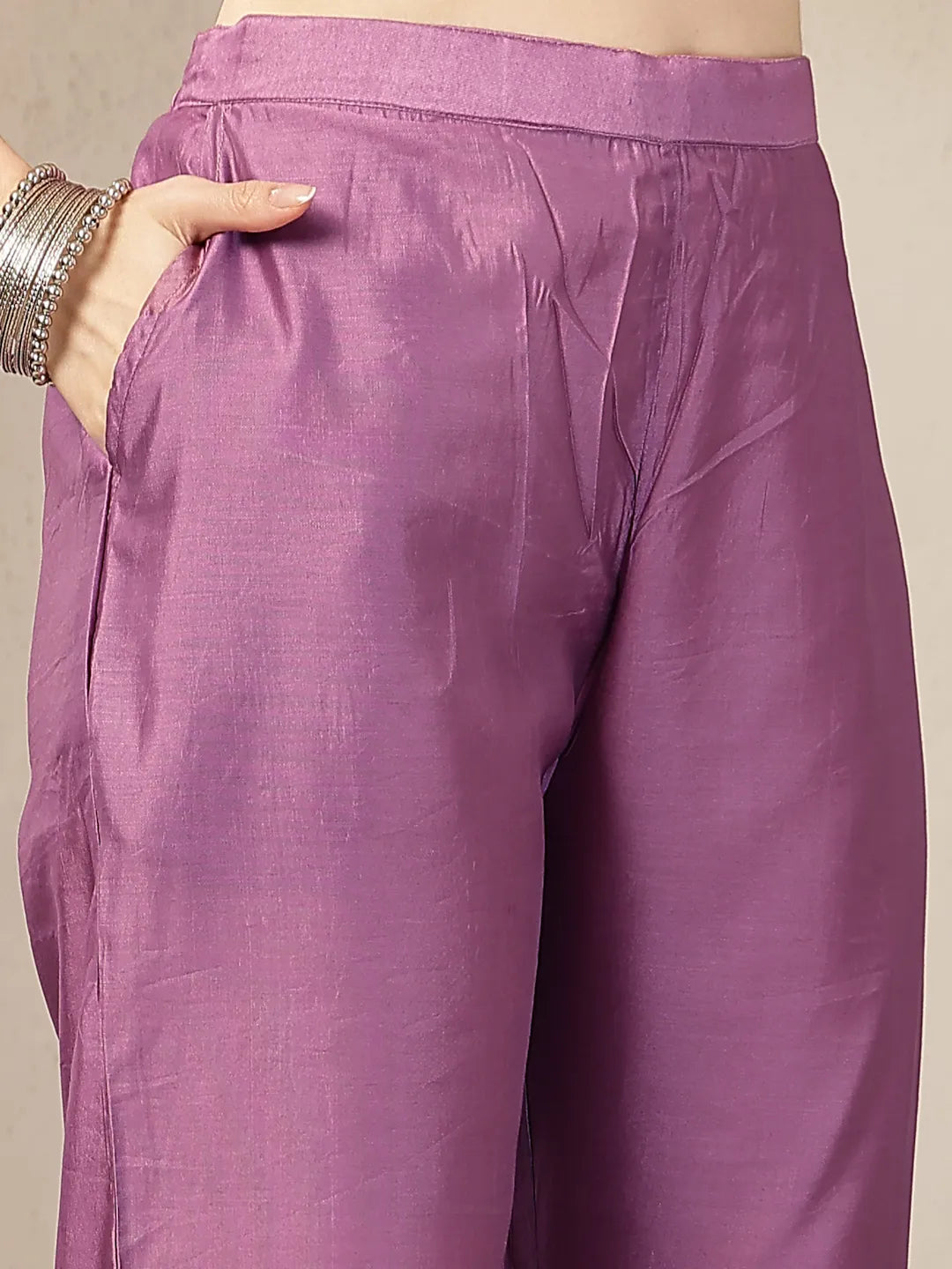 Purple Mul Chanderi Beads And Stones Sequins Work Kurta Dupatta Pant Set