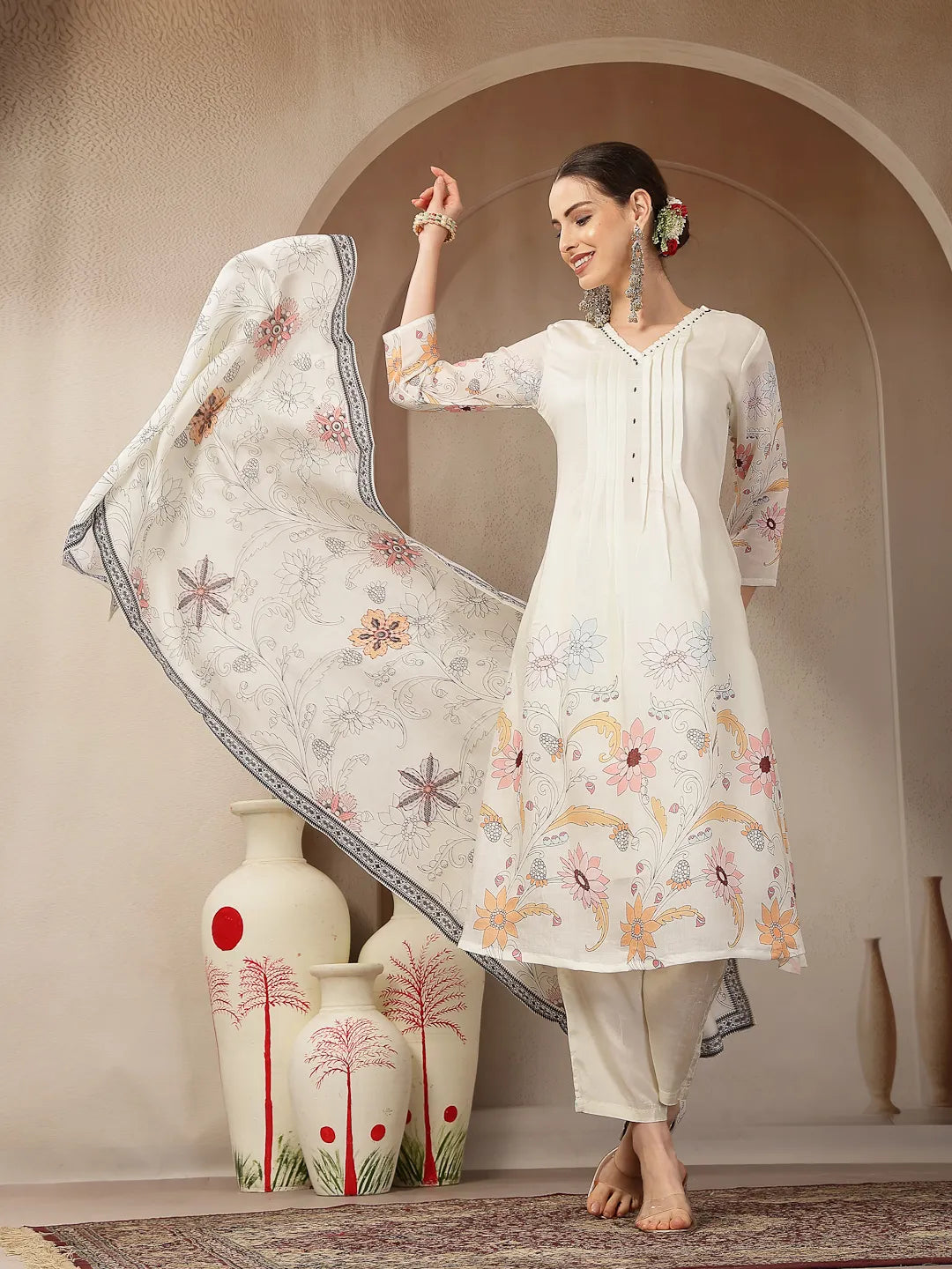 Mul Chanderi Cream Kurta Dupatta Pant Set