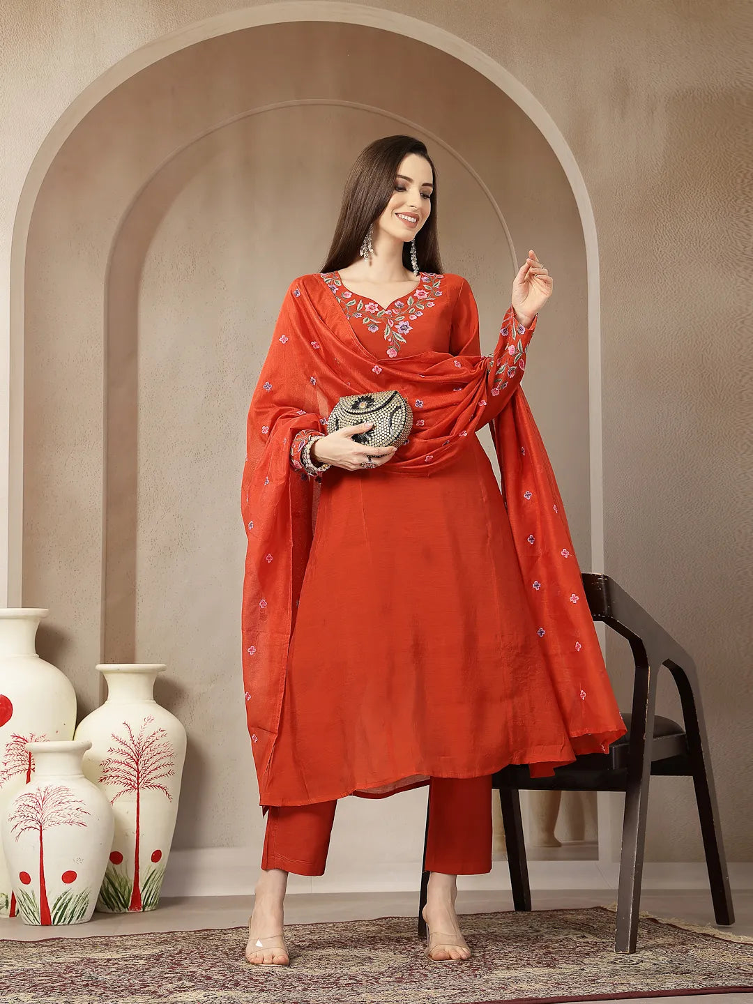 Rust Mul Chanderi Anarkali Kurta Dupatta Pant Set