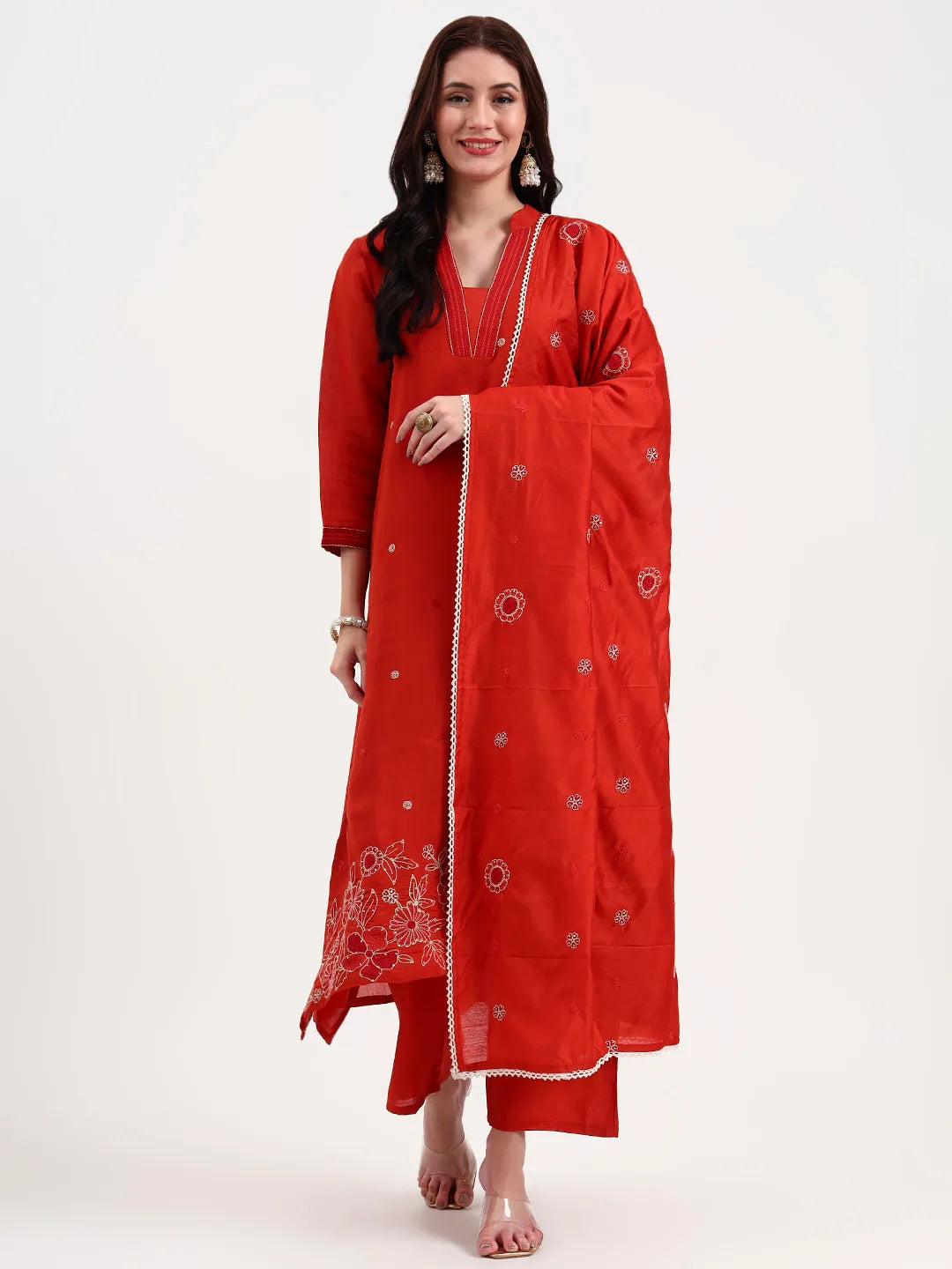 Rust Kantha Work Chanderi Silk A-Line Kurta Trouser Dupatta Set