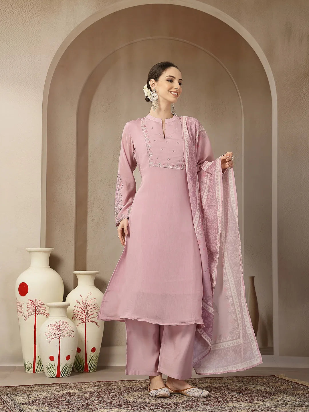 Light Pink Mul Chanderi Silk Embroidery A-Line Kurta Trouser Dupatta Set