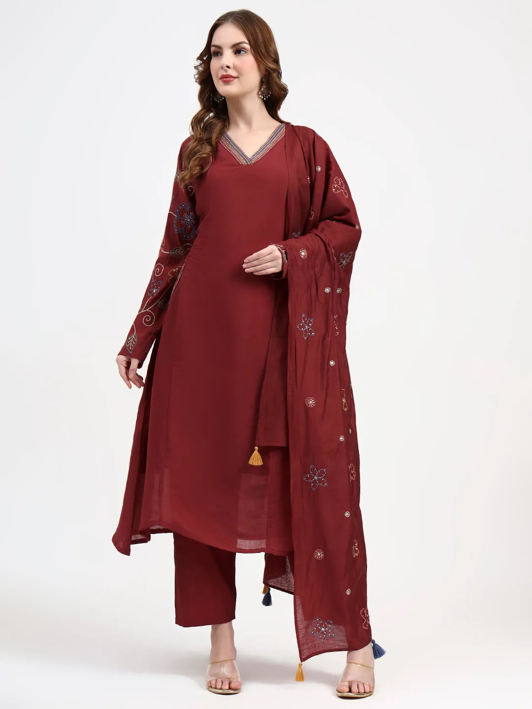 Mul Chanderi Maroon Kurta Dupatta Pant Set