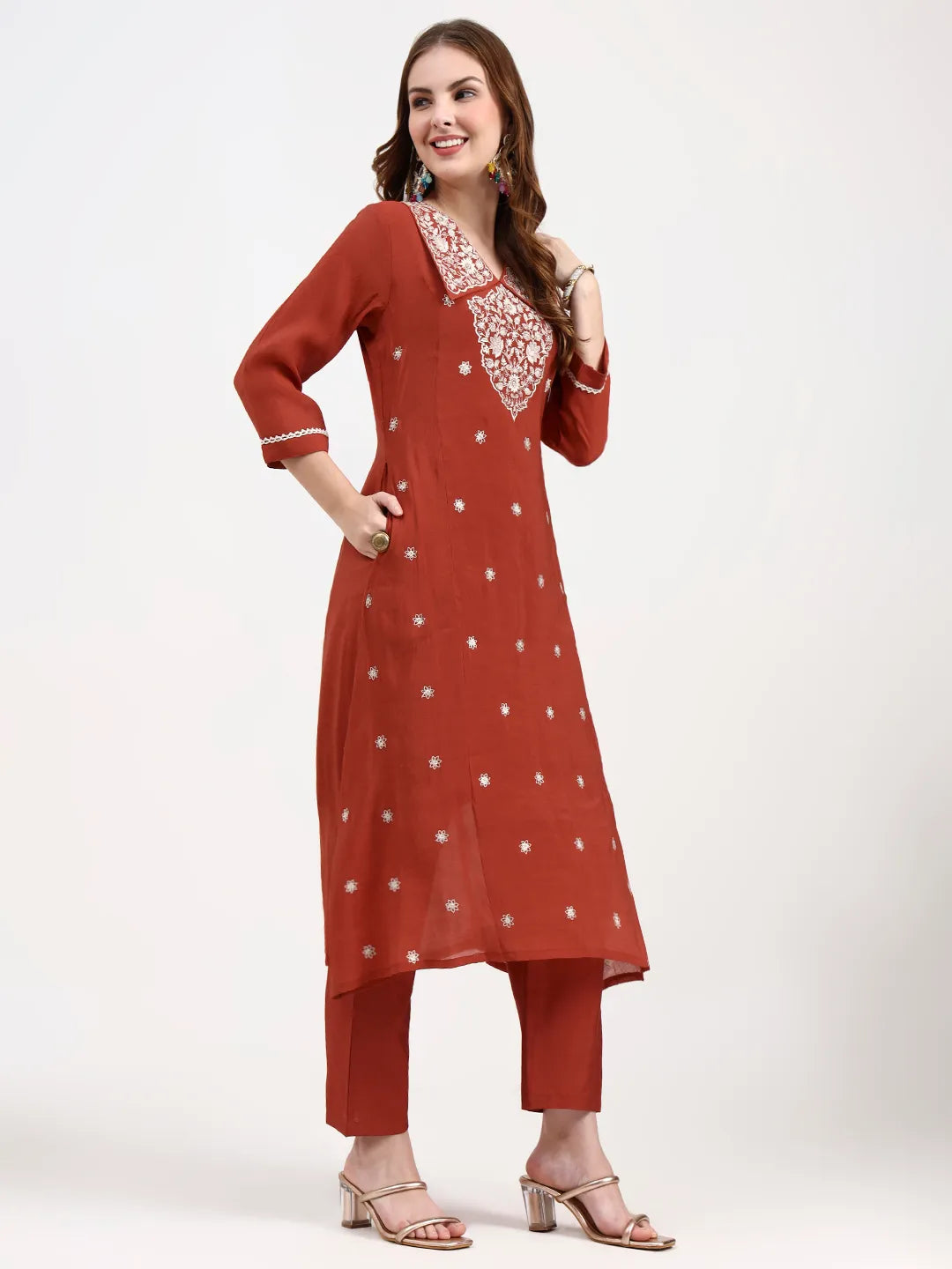 Rust Mul Chanderi Thread Work Sequins Work A-Line Kurta Trouser Dupatta Set