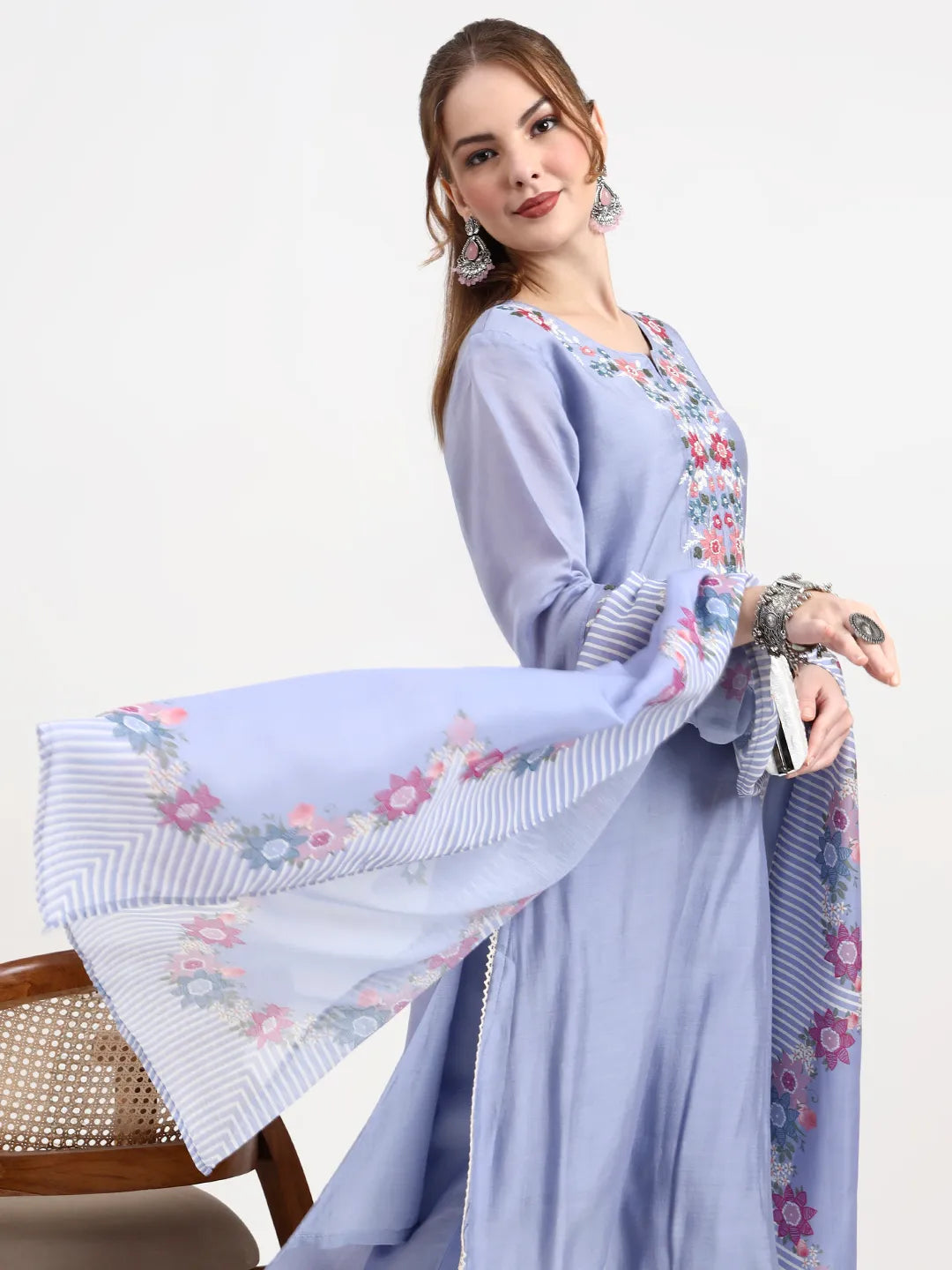 Mul Chanderi Blue Kurta Dupatta Pant Set