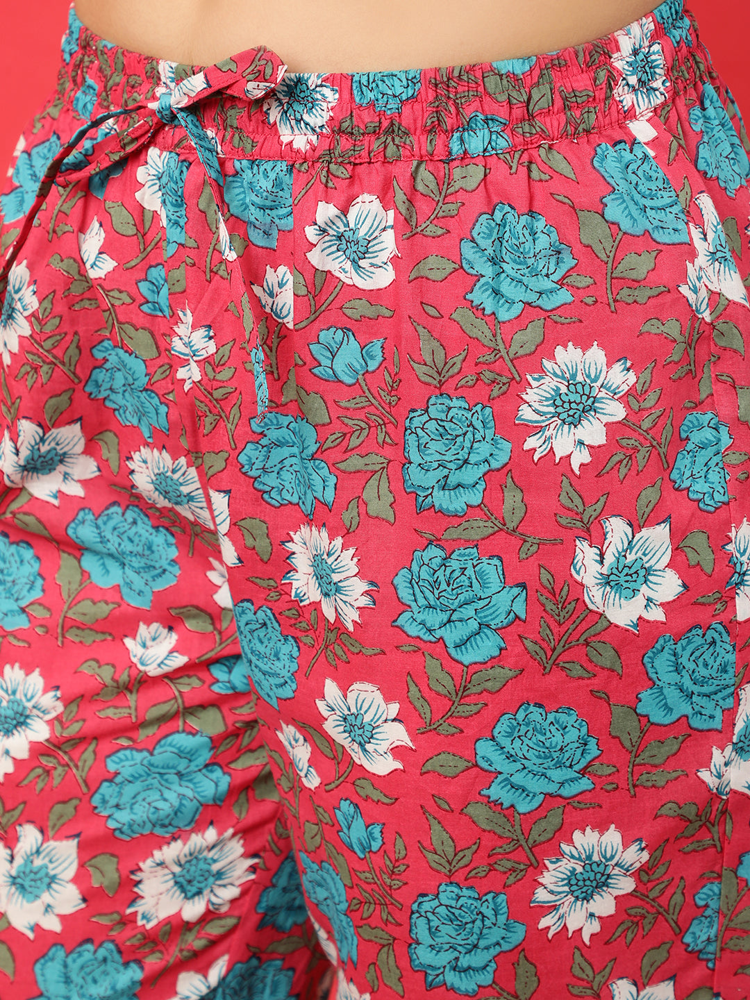 Cotton Calf Length Printed Flared 3/4 Sleeves V-Neck Kurta Bottom Dupatta Set