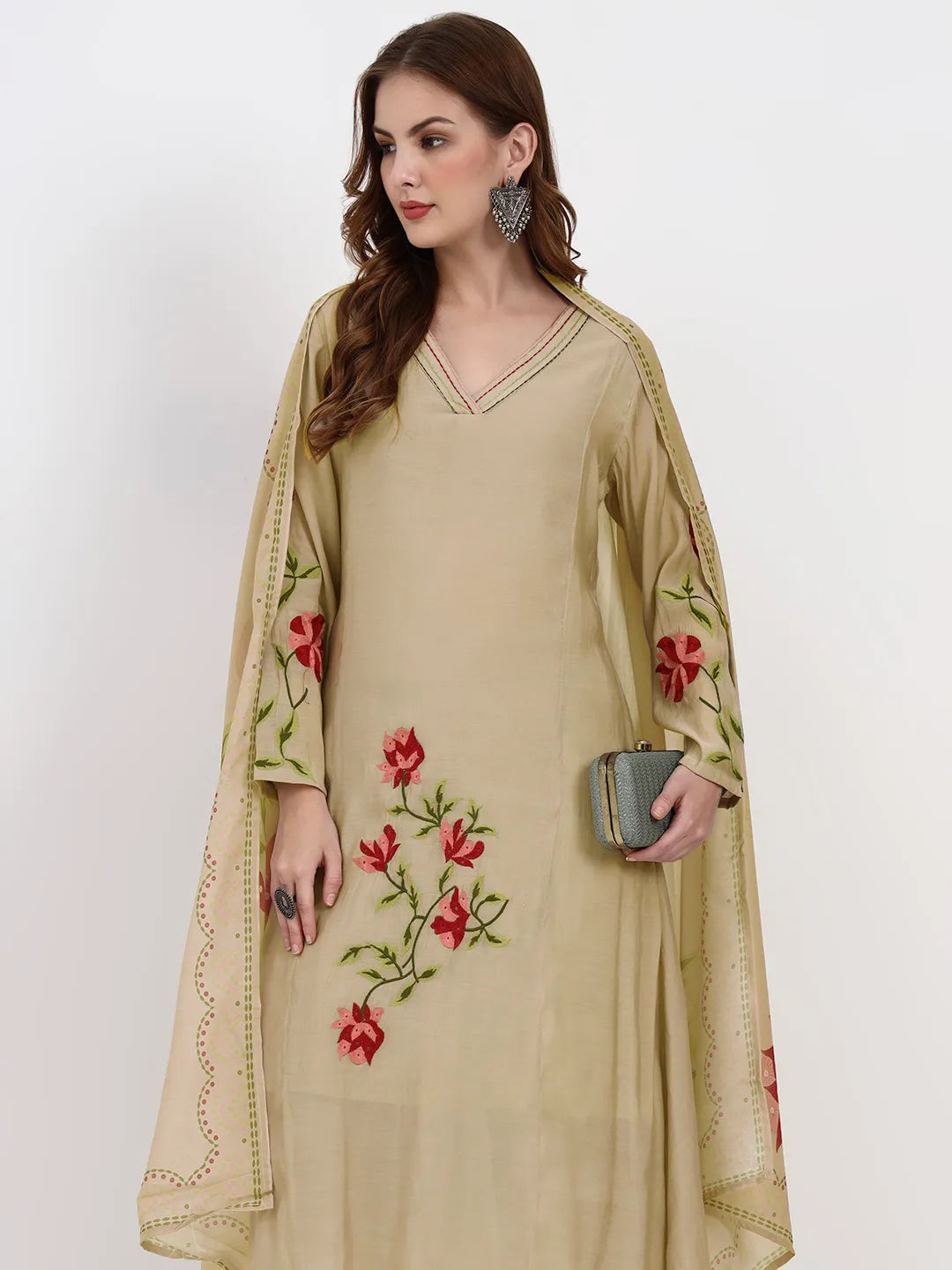 Mul Chanderi Beige Kurta Dupatta Pant Set