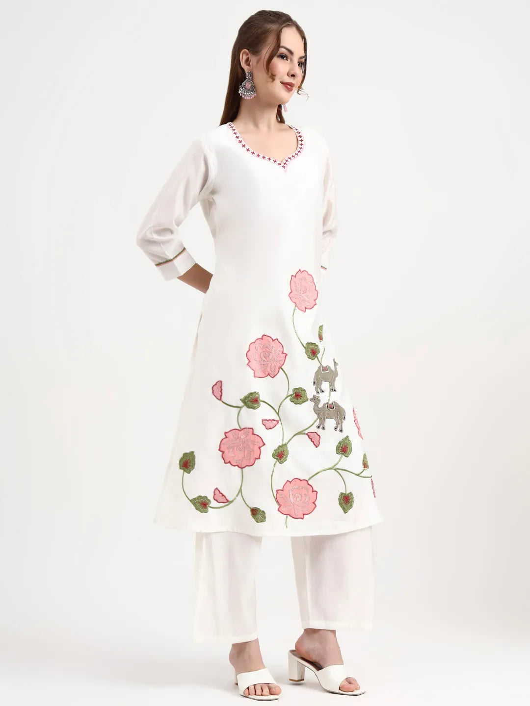 Roman Silk White Kurta Dupatta Pant Set