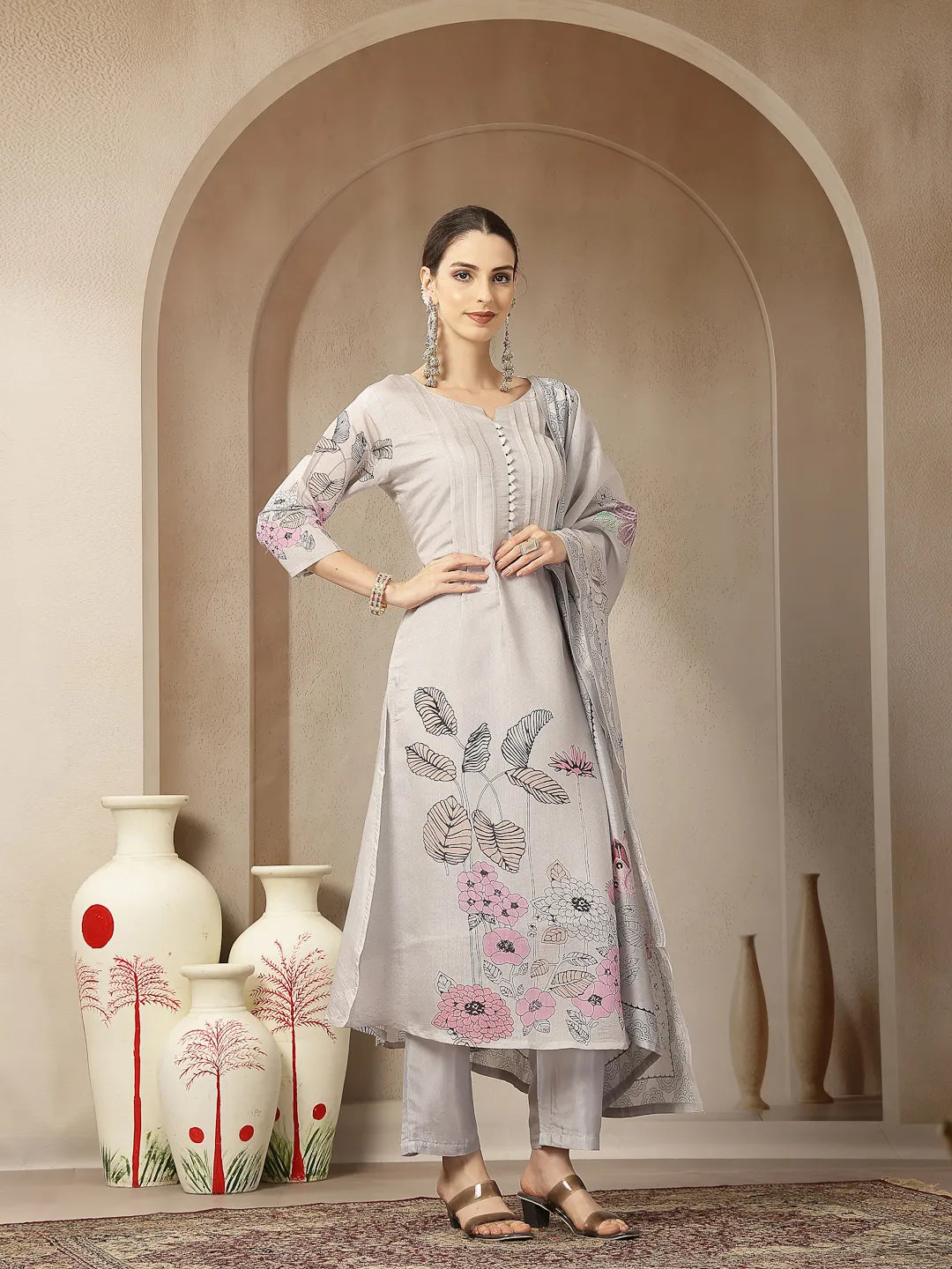 Mul Chanderi Light Grey Kurta Dupatta Pant Set