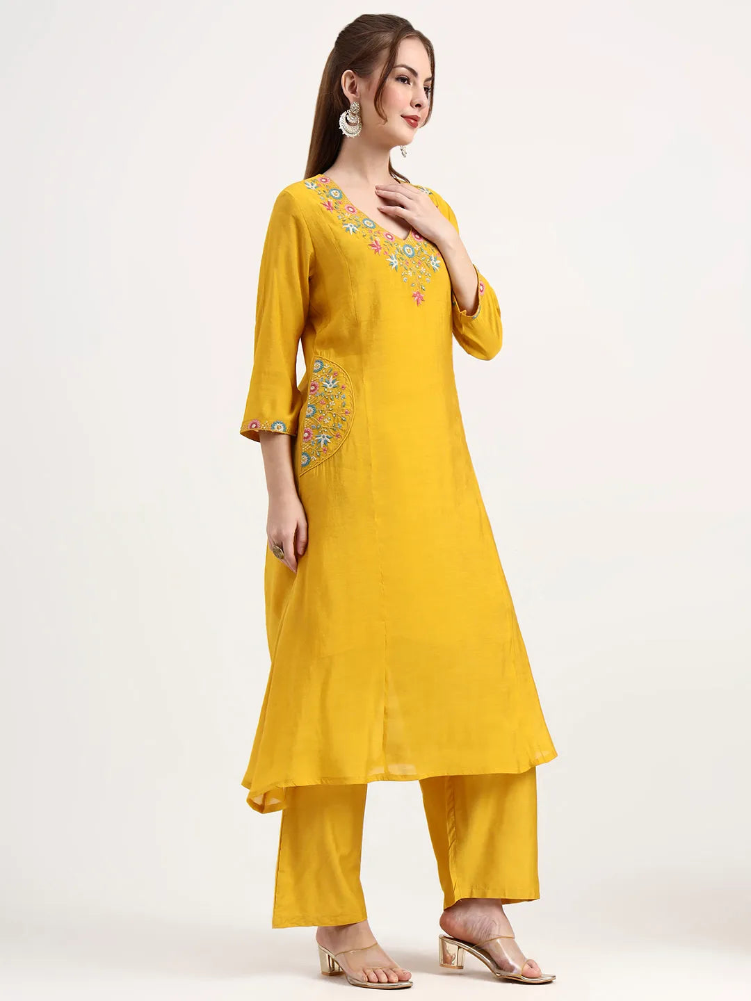 Yellow Mul Chanderi Silk Thread Work Anarkali Kurta Trouser Dupatta Set