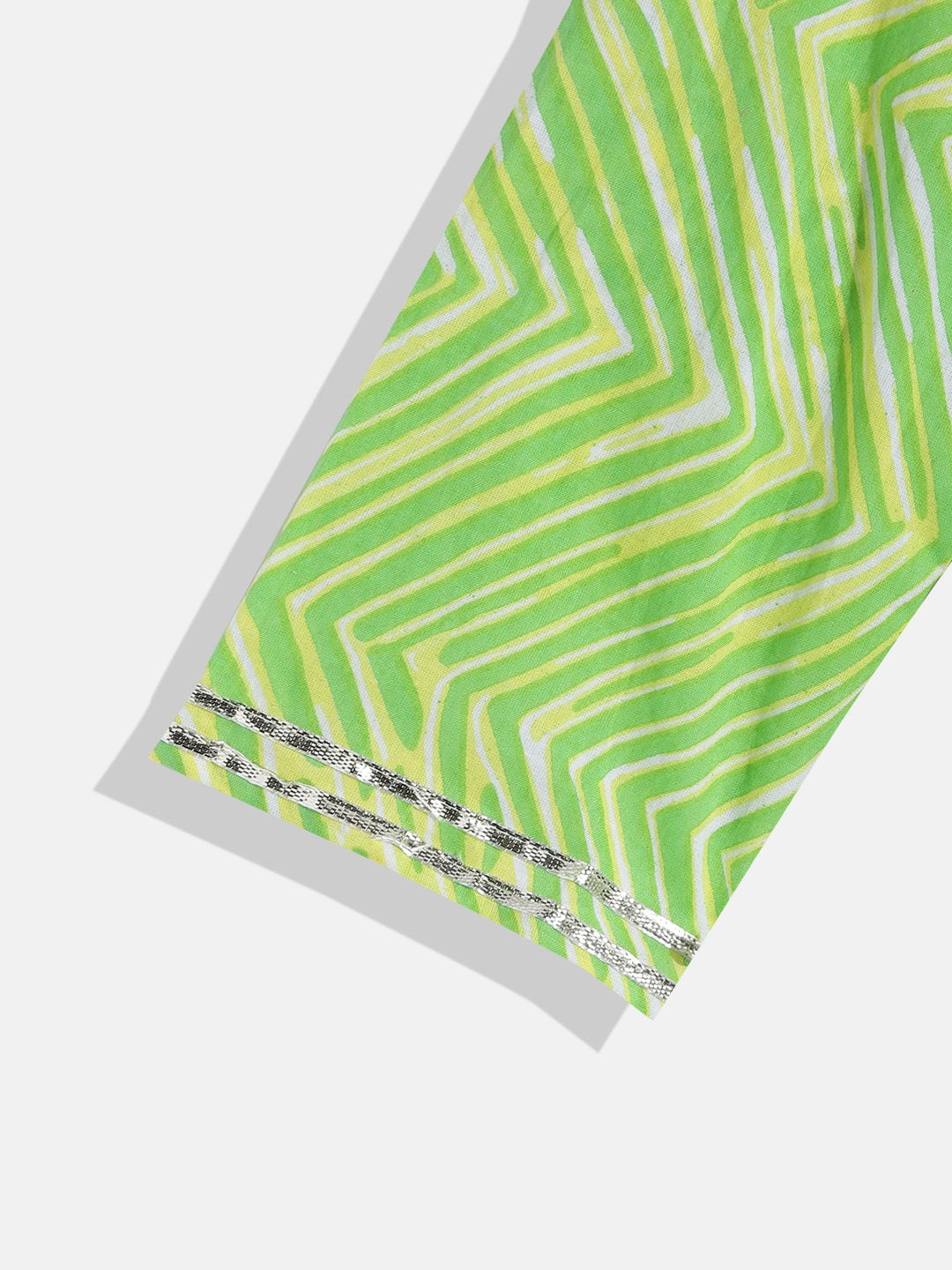 Boys Cotton Fabric Green Color Leheriya Printed Kurta And White Color Pyjama With Gota Lace Work