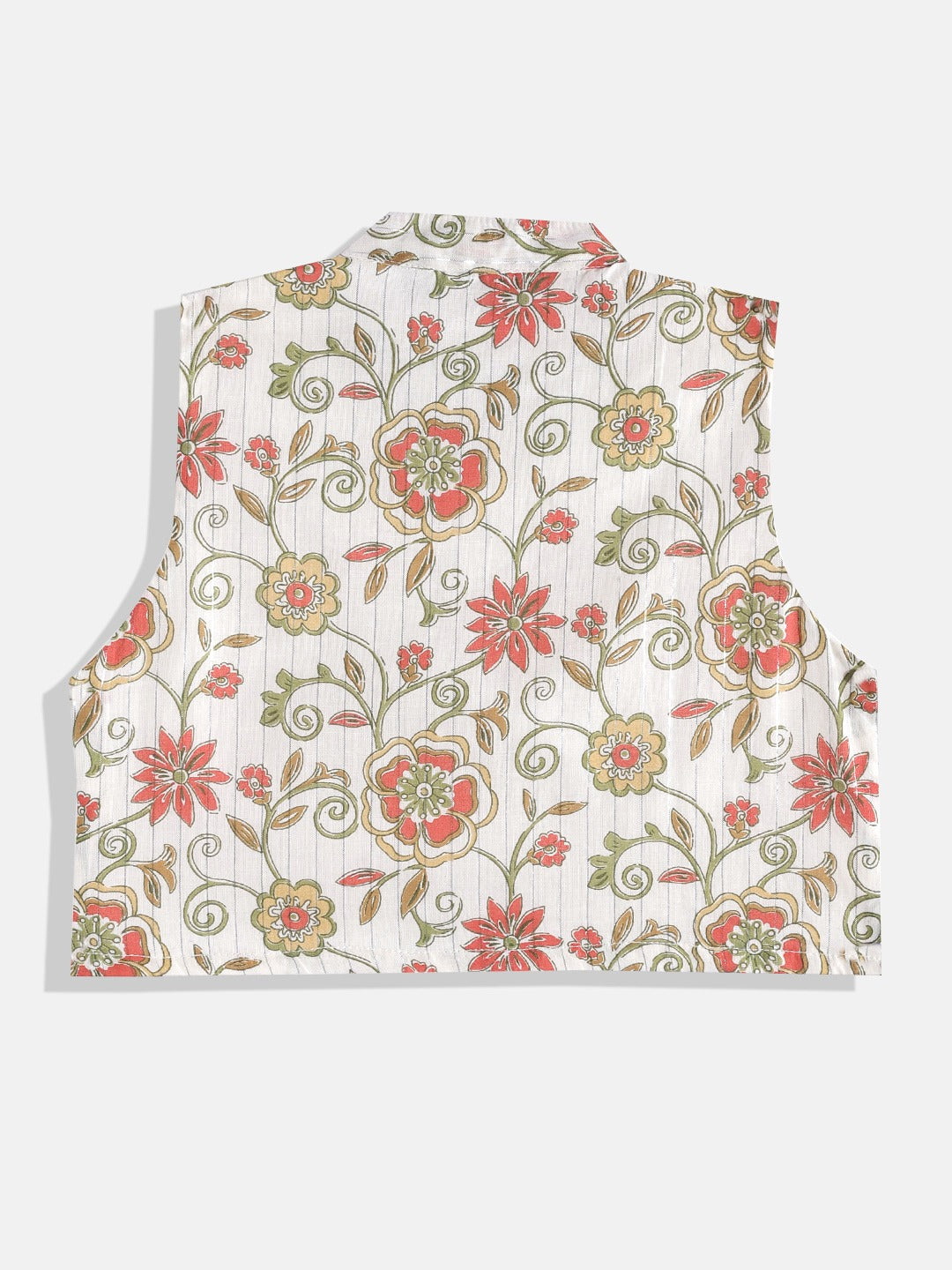 Boys Cotton Fabric Cream Color Floral Printed Kurta With Nehru Jacket And White Color Pyjama With Gota Lace Work