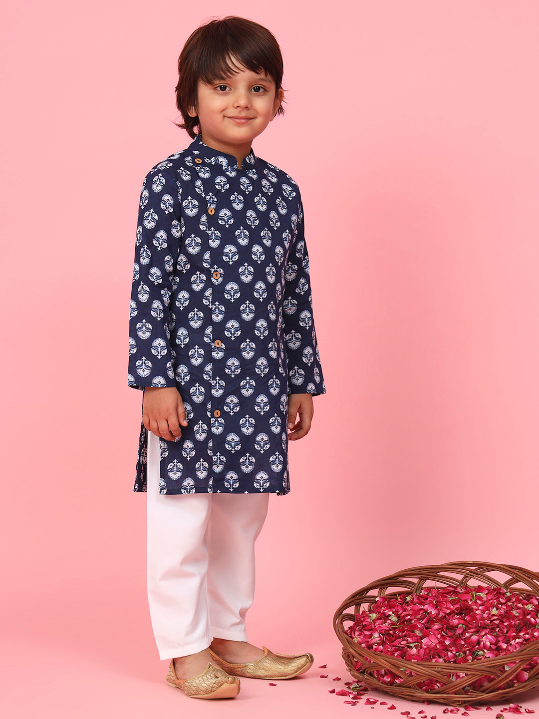Boys Cotton Fabric Blue Color Printed Kurta With Wooden Buttons And White Color Pyjama