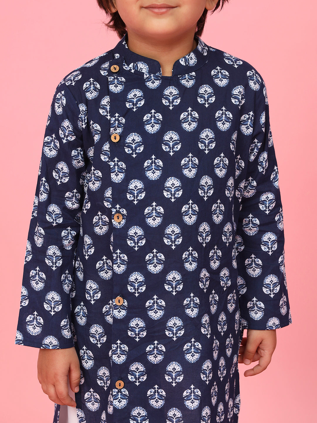 Boys Cotton Fabric Blue Color Printed Kurta With Wooden Buttons And White Color Pyjama