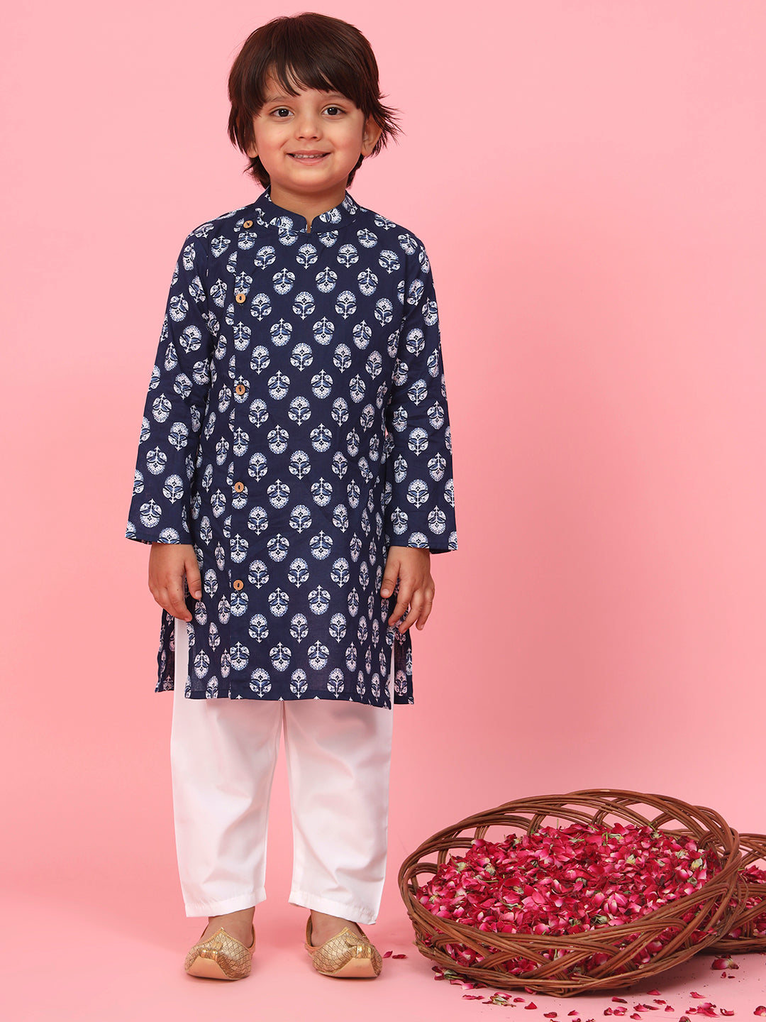 Boys Cotton Fabric Blue Color Printed Kurta With Wooden Buttons And White Color Pyjama