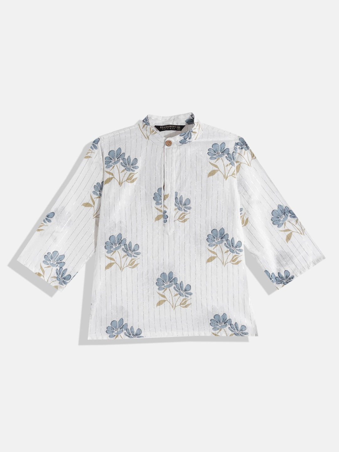 Boys Cotton Fabric White Color Floral Printed Kurta With Nehru Jacket And Pyjama