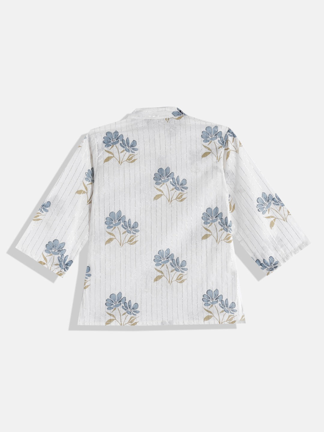 Boys Cotton Fabric White Color Floral Printed Kurta With Nehru Jacket And Pyjama